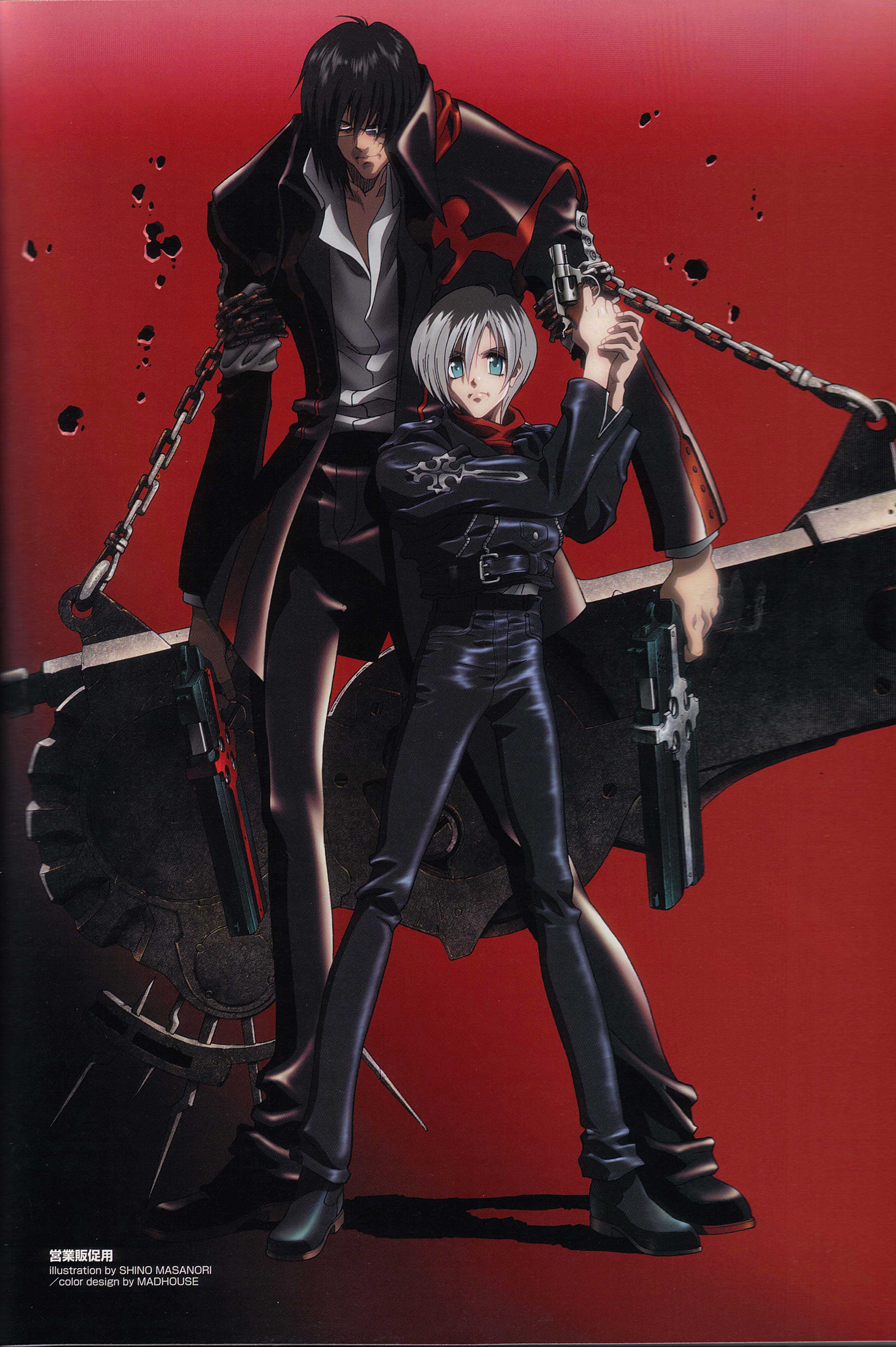 shino masanori, asagi mika, beyond the grave, brandon heat, grave (gungrave), gungrave, absurdres, highres, scan, 00s, 1boy, 1girl, blue eyes, chain, gun, height difference, weapon