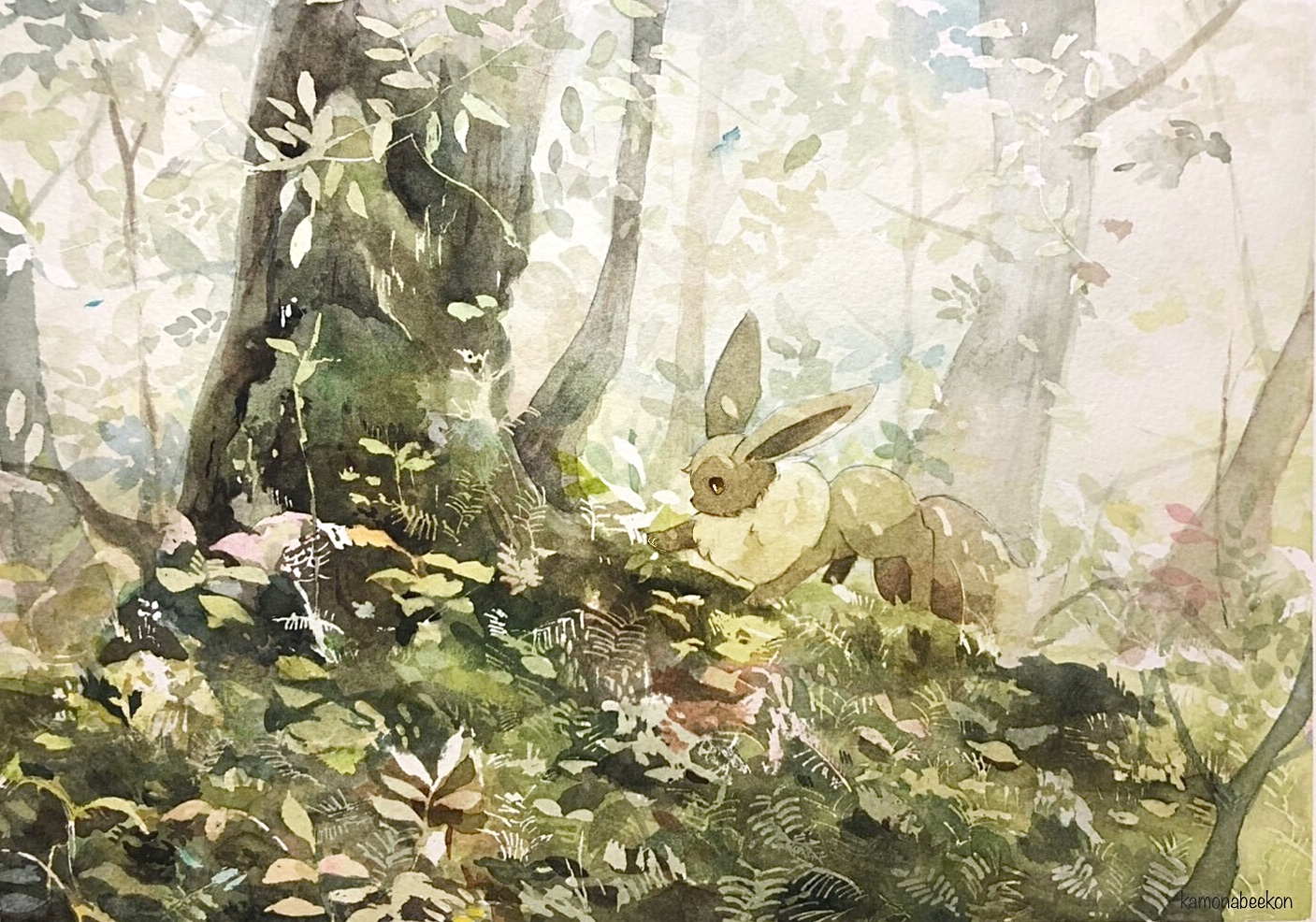 kamonabe (kamonabeekon), eevee, nintendo, pokemon, commentary request, animal focus, brown eyes, brown fur, day, fluffy, forest, from side, gen 1 pokemon, grass, nature, no humans, outdoors, plant, pokemon (creature), pokemon focus, solo, tree, twitter username, wide shot