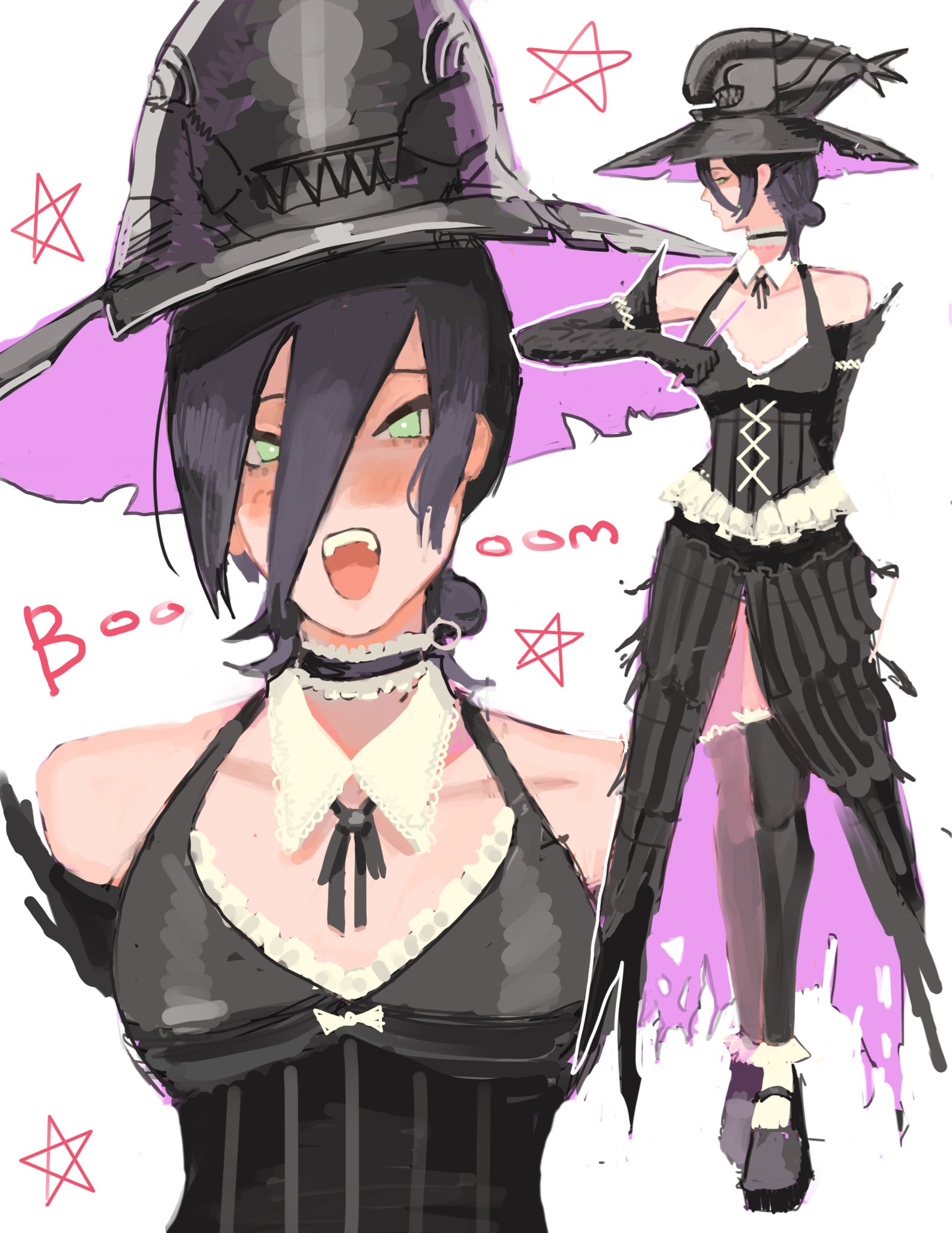 xyanaid, reze (chainsaw man), chainsaw man, commentary, english commentary, highres, 1girl, black dress, black gloves, black hair, black thighhighs, detached collar, dress, dynamite, elbow gloves, explosive, full body, gloves, green eyes, hair between eyes, hat, multiple views, open mouth, teeth, thighhighs, upper teeth only, witch hat