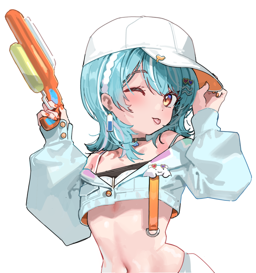 kanzarin, shiranami ramune, vspo!, commentary request, 1girl, aqua hair, aqua jacket, bare shoulders, baseball cap, crop top, cropped jacket, earrings, hat, holding, holding water gun, jacket, jewelry, looking at viewer, midriff, navel, off shoulder, solo, stomach, tongue, tongue out, upper body, virtual youtuber, water gun, white hat