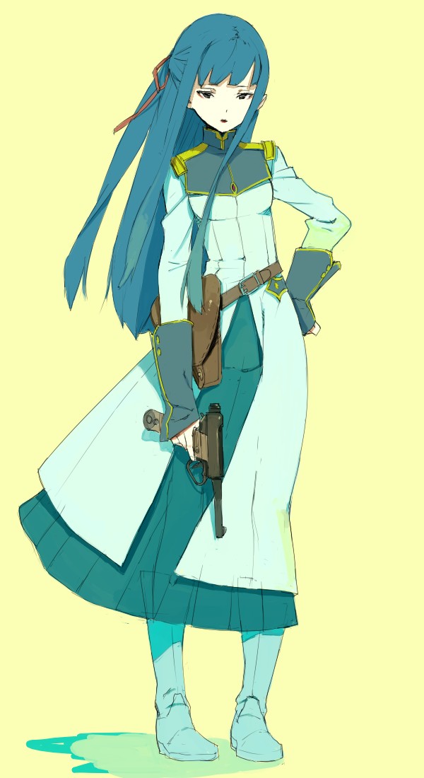 fakepucco, karasuma chitose, galaxy angel, 00s, 1girl, blue hair, boots, female focus, gloves, gun, half updo, hand on own hip, handgun, hip focus, long hair, military, military uniform, nambu pistol, pistol, solo, weapon