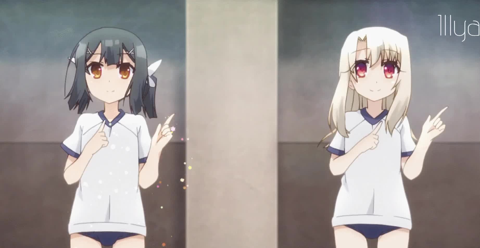 illyasviel von einzbern, miyu edelfelt, fate/kaleid liner prisma illya, fate (series), animated, anime screenshot, highres, tagme, video, 2girls, brown hair, buruma, dancing, gym uniform, multiple girls, school uniform, white hair, yellow eyes