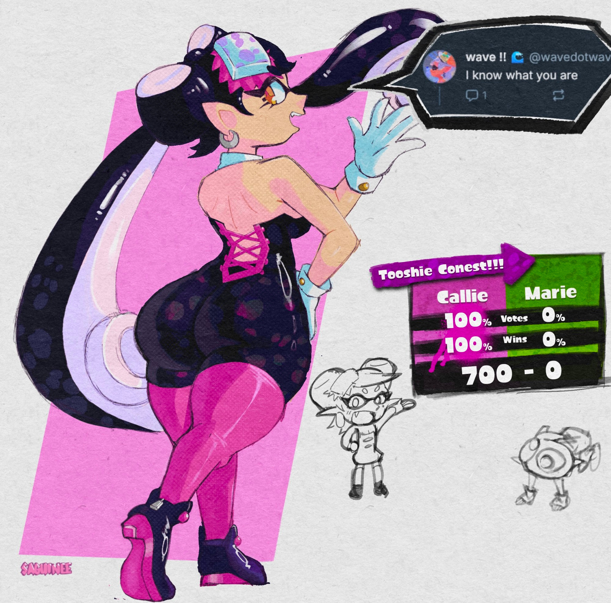 saguinee, callie (splatoon), callie (squid sisters outfit) (splatoon), marie (splatoon), marie (squid sisters outfit) (splatoon), nintendo, splatoon (series), highres, 2girls, ass, bare shoulders, breasts, chibi, earrings, gloves, huge ass, jewelry, jumpsuit, large breasts, looking back, monochrome, multiple girls, pointy ears, shoes, sleeveless, tentacle hair, twintails
