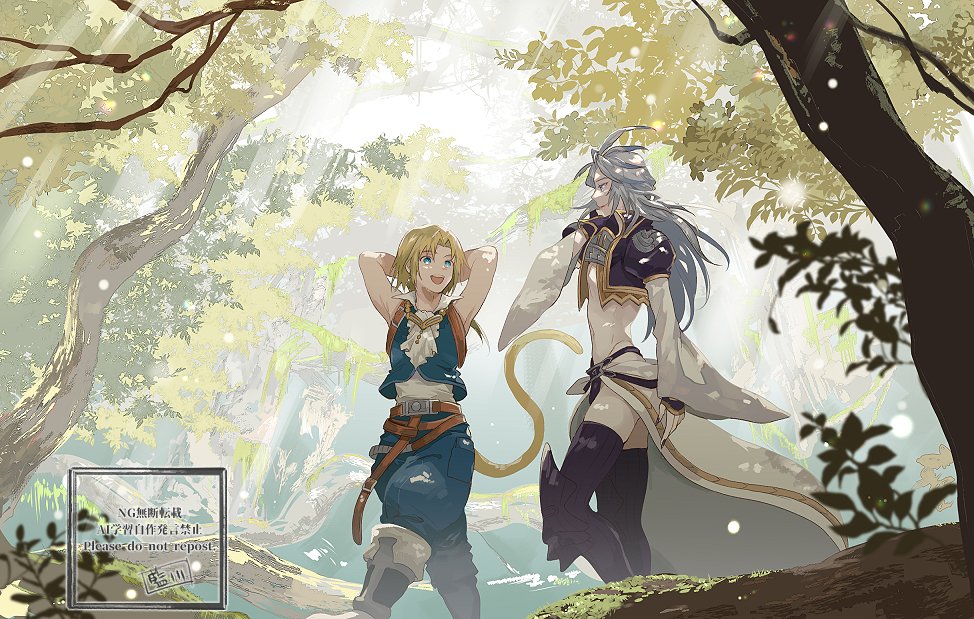 kuja, zidane tribal, final fantasy, final fantasy ix, 2boys, armored boots, arms behind head, ascot, azumi0aikawa, belt, black nails, black thighhighs, blonde hair, blue eyes, blue pants, blue vest, boots, brown belt, cat tail, codpiece, collared shirt, cropped jacket, cropped vest, feather hair ornament, feathers, feet out of frame, fingernails, forest, gold trim, grey boots, grey hair, hair ornament, hand in own hair, jacket, long fingernails, long hair, looking at another, low ponytail, male focus, midriff, multiple boys, nail polish, nature, open mouth, outdoors, pants, ponytail, purple jacket, shirt, showgirl skirt, sleeveless, sleeveless shirt, smile, sunlight, tail, thighhighs, tree, vest, walking, white ascot, white shirt, white sleeves, wide sleeves