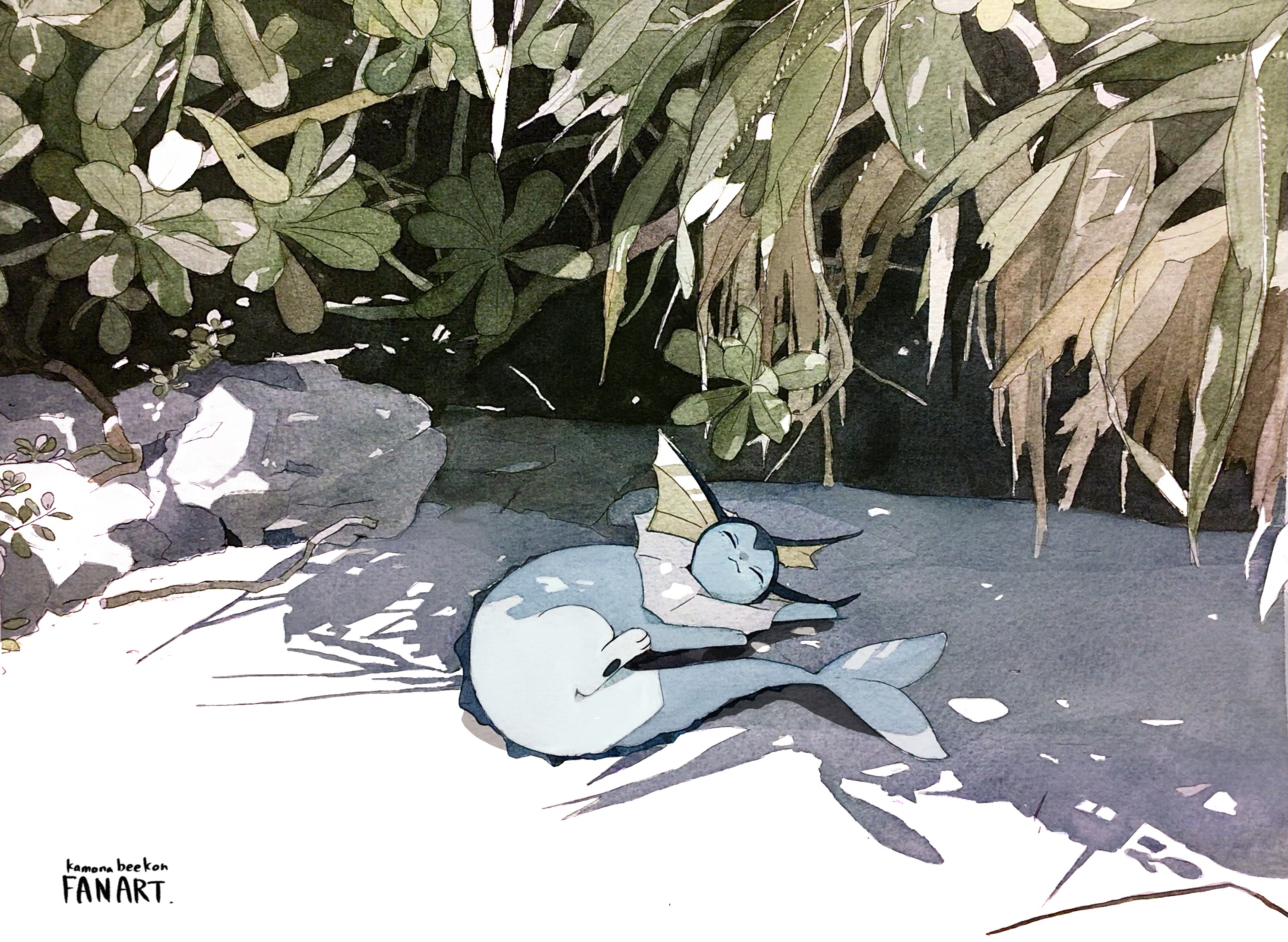 kamonabe (kamonabeekon), vaporeon, nintendo, pokemon, commentary request, highres, animal focus, artist name, closed eyes, dappled sunlight, english text, fins, forked tail, gen 1 pokemon, head fins, lying, no humans, on side, outdoors, pawpads, plant, pokemon (creature), rock, shade, sleeping, smile, solo, sunlight, tail