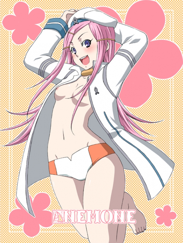 kuroo (project apricot), anemone (eureka seven), eureka seven, eureka seven (series), uniform, 00s, 1girl, barefoot, borrowed clothes, breasts, feet, female focus, flat chest, jumping, open clothes, open shirt, shirt, shorts, small breasts, smile, solo