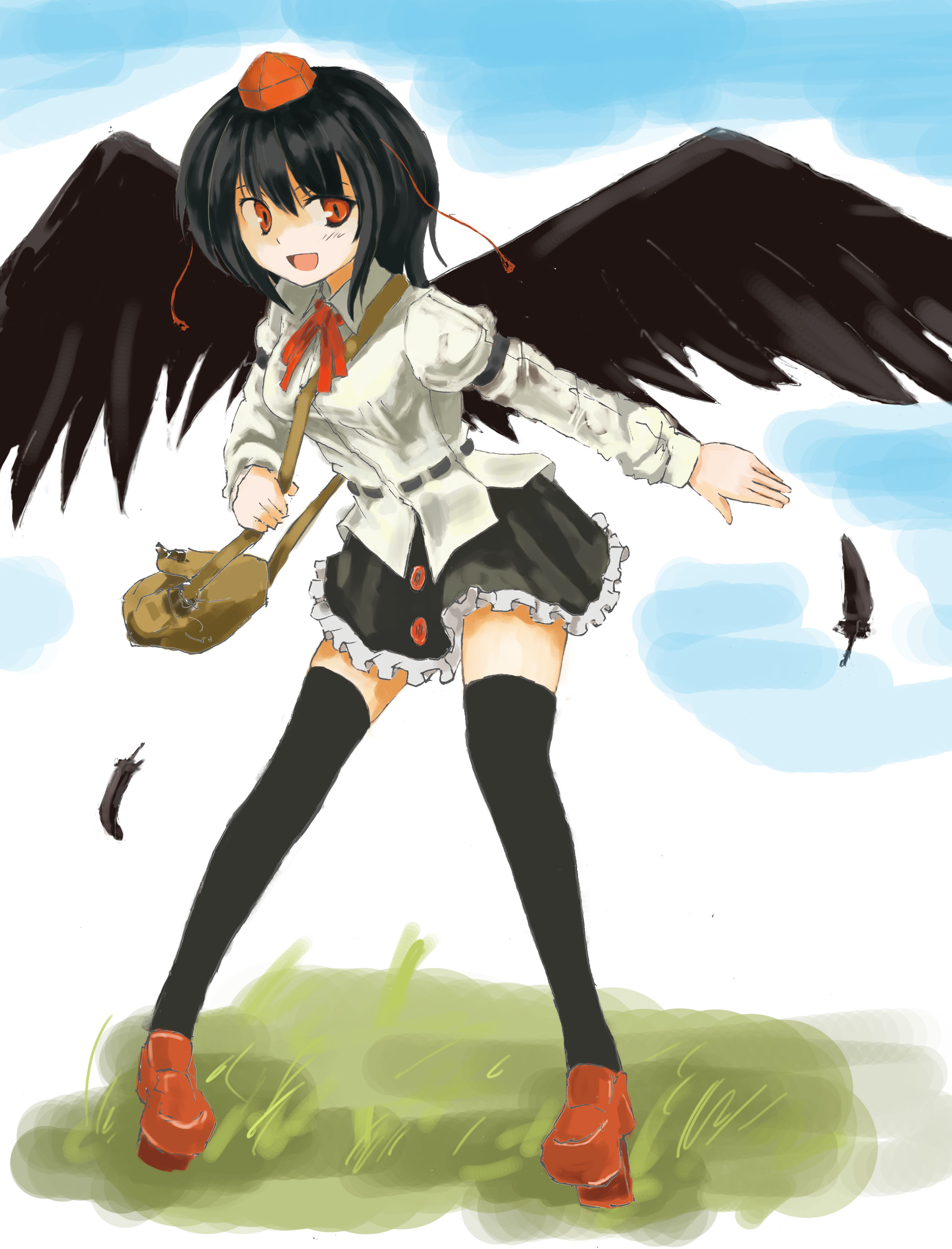 hokamichi, taji (crowview), shameimaru aya, touhou, absurdres, bad id, bad pixiv id, highres, 1girl, bag, black hair, black wings, female focus, geta, hat, looking at viewer, open mouth, red eyes, short hair, solo, tengu-geta, thighhighs, wings, zettai ryouiki