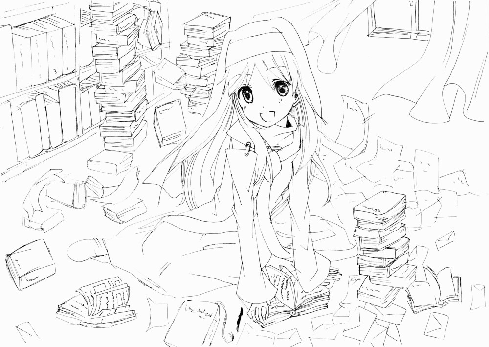amina12 (pixiv281404), index (toaru majutsu no index), toaru majutsu no index, bad id, bad pixiv id, 00s, book, greyscale, monochrome, solo