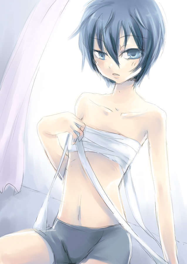 harald, negi hei, shirogane naoto, atlus, persona, persona 4, 1girl, androgynous, bandages, blue eyes, blue hair, breast bind, female focus, matching hair/eyes, reverse trap, sarashi, solo