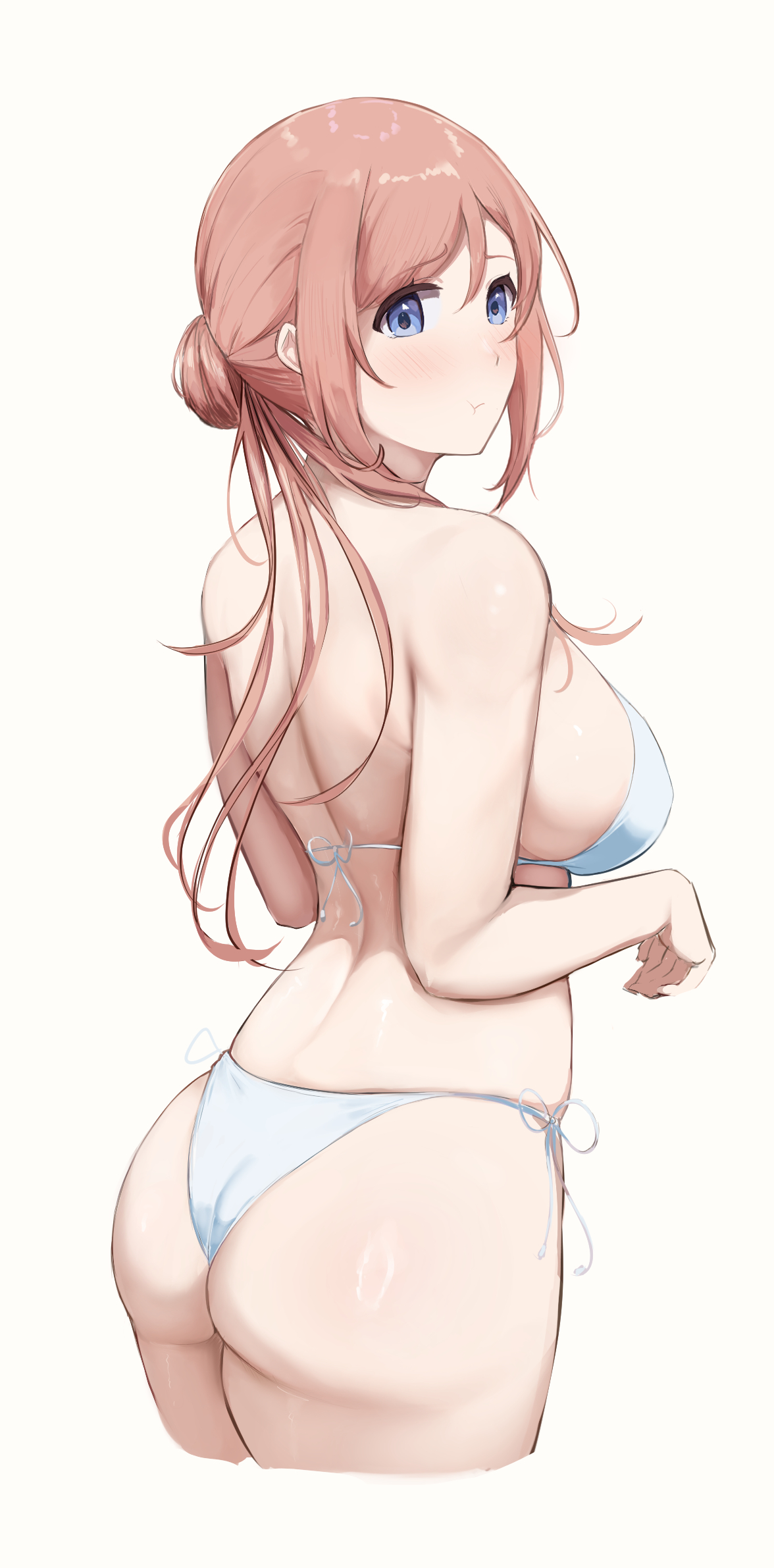 nayutayutautau, himesaki rinami, gakuen idolmaster, idolmaster, commentary, highres, 1girl, ass, blue eyes, blush, breasts, cowboy shot, cropped legs, from behind, hair bun, large breasts, looking back, pink hair, pout, single hair bun, solo