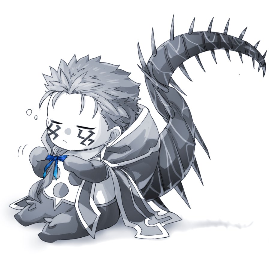 yukinaga (asuten), cu chulainn (fate), cu chulainn alter (fate), fate/grand order, fate (series), 1boy, blue ribbon, chibi, chibi only, closed eyes, closed mouth, earrings, facial mark, full body, hood, hood down, jewelry, male focus, ribbon, short hair, simple background, sitting, solo, squeans, tail, white background