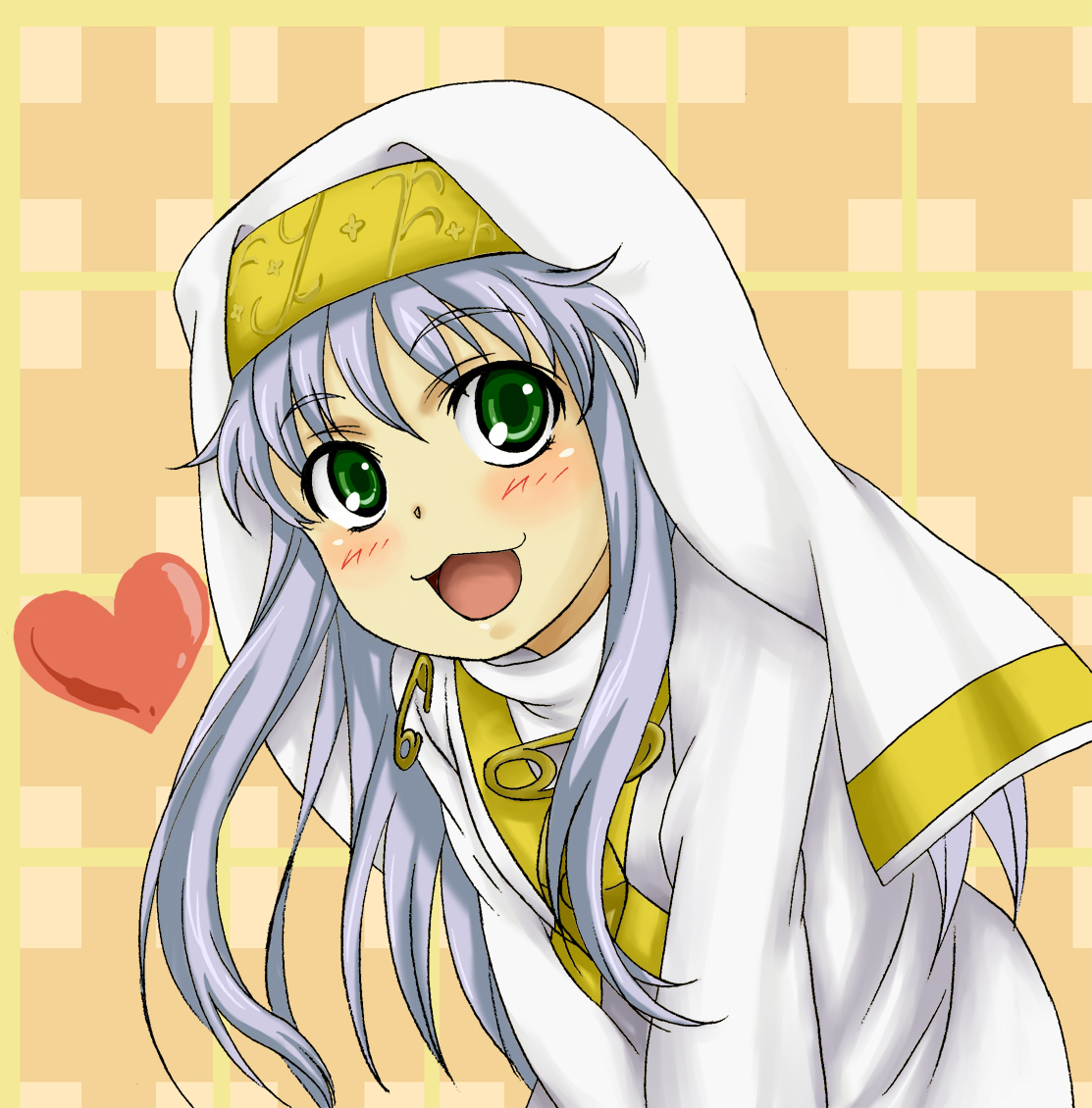 tubo, index (toaru majutsu no index), toaru majutsu no index, habit, 00s, :3, blue hair, green eyes, heart, leaning forward, safety pin, solo