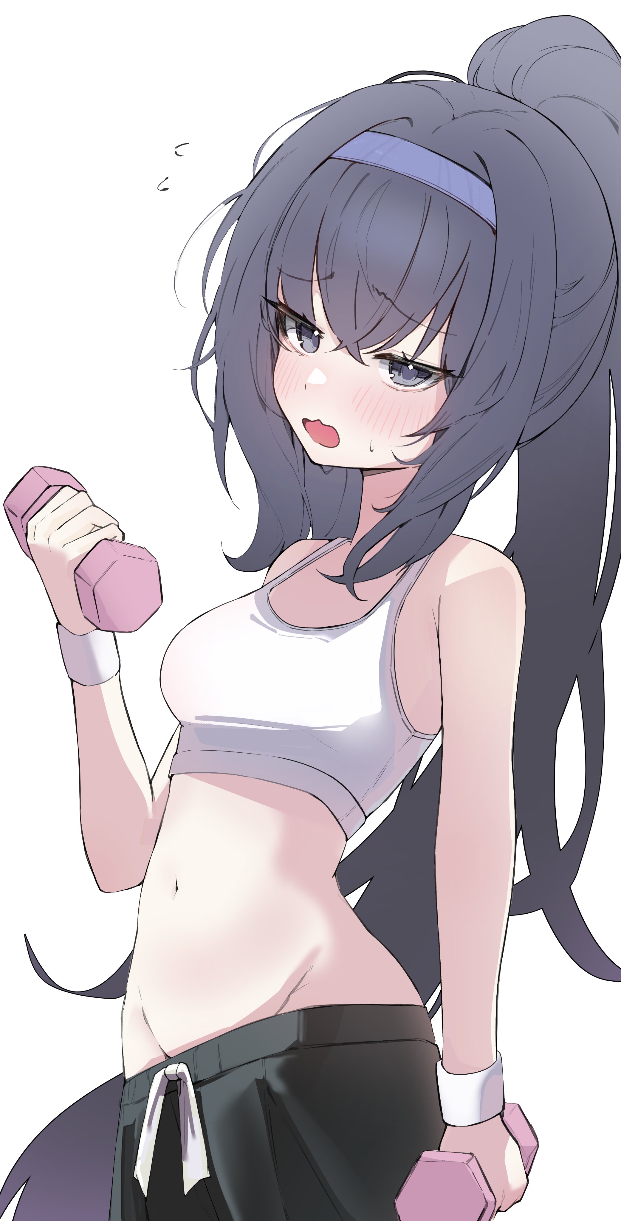 ximgyeon, ui (blue archive), blue archive, absurdres, highres, 1girl, bags under eyes, black hair, blush, drawstring, dumbbell, hairband, halo, holding, holding dumbbell, long hair, lowleg, lowleg pants, open mouth, pants, ponytail, solo, sports bra, white sports bra