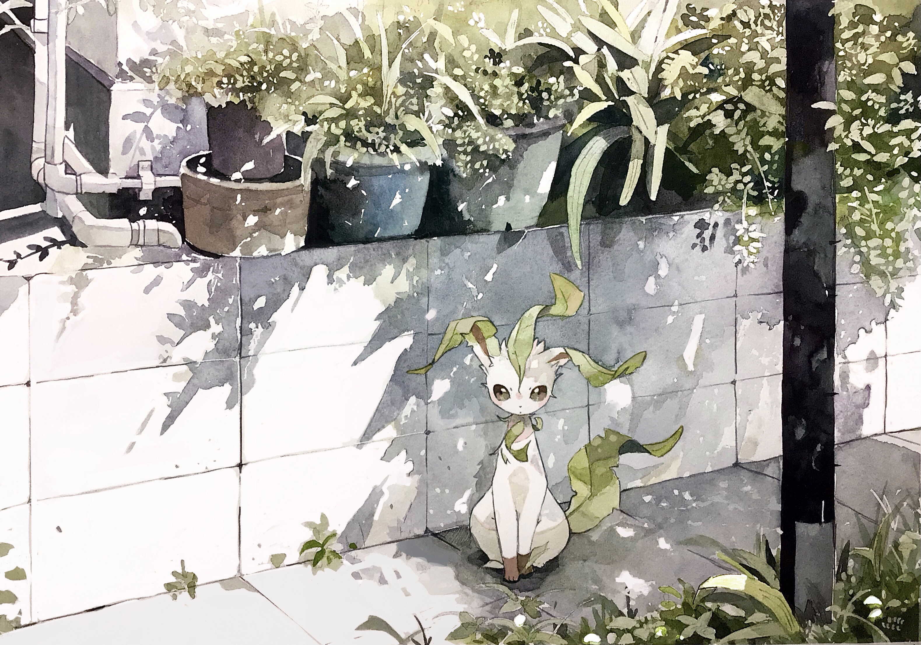 kamonabe (kamonabeekon), leafeon, nintendo, pokemon, commentary request, highres, brown eyes, closed mouth, day, drainpipe, full body, gen 4 pokemon, green tail, looking at viewer, no humans, outdoors, pavement, plant, plant hair, pokemon (creature), potted plant, scenery, shadow, sitting, stone wall, utility pole, white fur