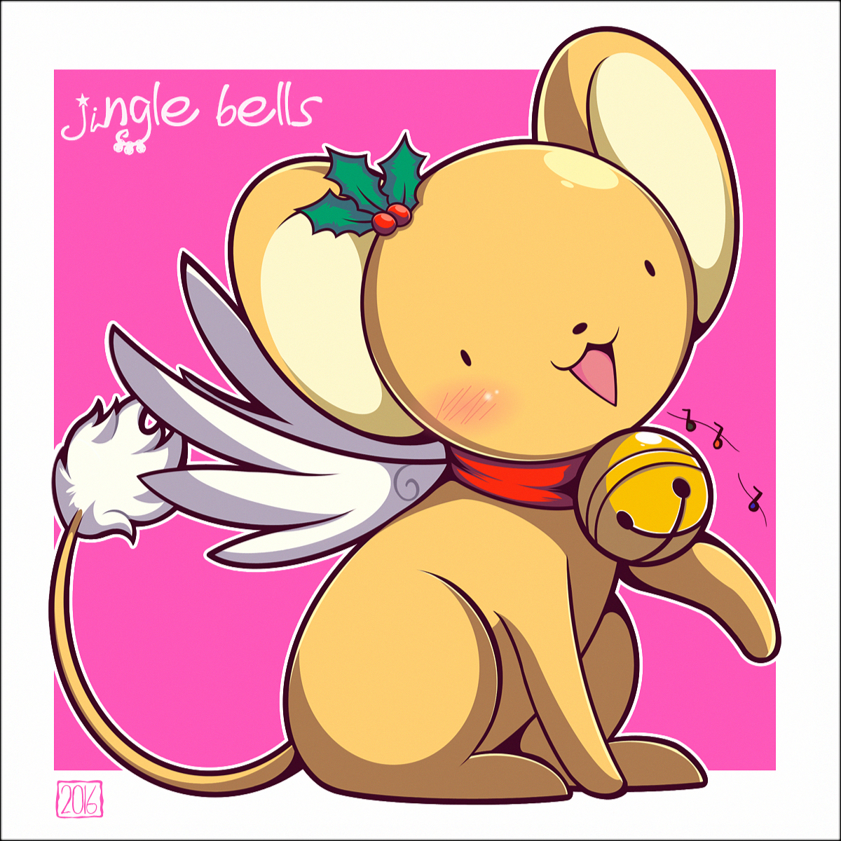 woofzilla, kero (cardcaptor sakura), cardcaptor sakura, commentary, english commentary, highres, :3, bell, blush, dated, english text, full body, hair ornament, holly hair ornament, jingle bell, looking at viewer, music, musical note, no humans, open mouth, pink background, singing, sitting, solid oval eyes, solo