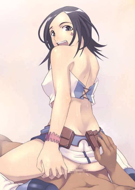 tasaka shinnosuke, talho yuuki, eureka seven, eureka seven (series), ass grab, jpeg artifacts, 00s, 1boy, 1girl, ass, butt crack, censored, dark-skinned male, dark skin, girl on top, hetero, interracial, looking back, reverse cowgirl position, sex, solo focus, straddling, vaginal