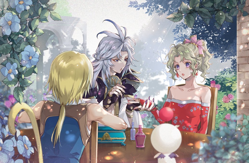 kuja, tina branford, zidane tribal, dissidia final fantasy, final fantasy, final fantasy ix, final fantasy vi, 1girl, 2boys, azumi0aikawa, bare shoulders, black gloves, blonde hair, blue flower, blue vest, breasts, brick wall, cat tail, chair, collared shirt, dress, eyeliner, feather hair ornament, feathers, fingerless gloves, fingernails, flower, garden, gloves, gold trim, green hair, grey hair, hair bobbles, hair ornament, hair ribbon, holding hands, jacket, long fingernails, long hair, low ponytail, makeup, medium breasts, multiple boys, parted bangs, parted lips, pink ribbon, ponytail, purple eyes, purple jacket, red dress, red eyeliner, red sleeves, ribbon, shirt, sitting, strapless, strapless dress, table, tail, tube dress, upper body, vest, wavy hair, white shirt, white sleeves, white trim