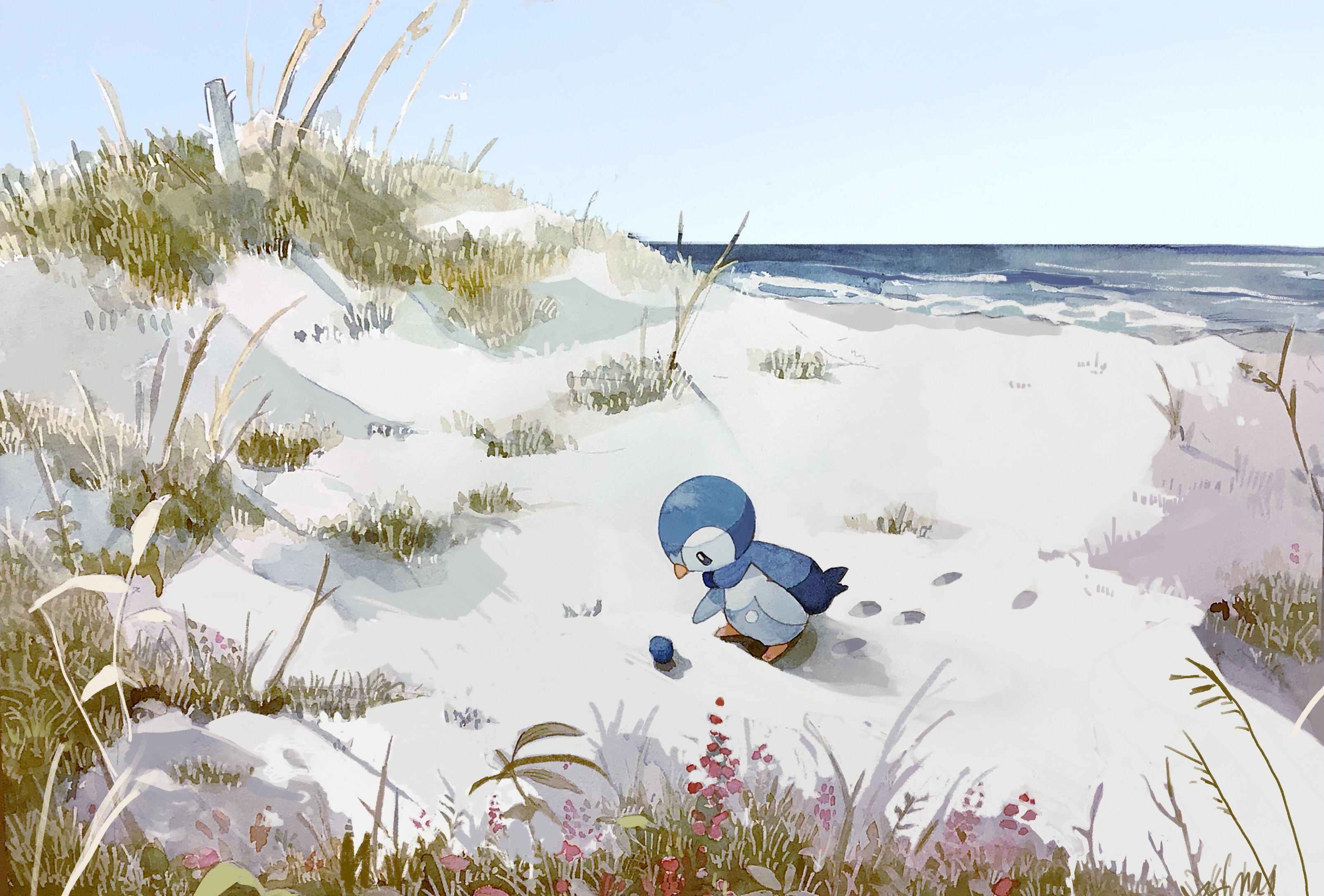 kamonabe (kamonabeekon), piplup, nintendo, pokemon, absurdres, commentary request, highres, beach, blue sky, clear sky, day, flower, footprints, gen 4 pokemon, grass, horizon, no humans, ocean, outdoors, plant, pokemon (creature), sand, sand dune, shore, sky, snow, wide shot