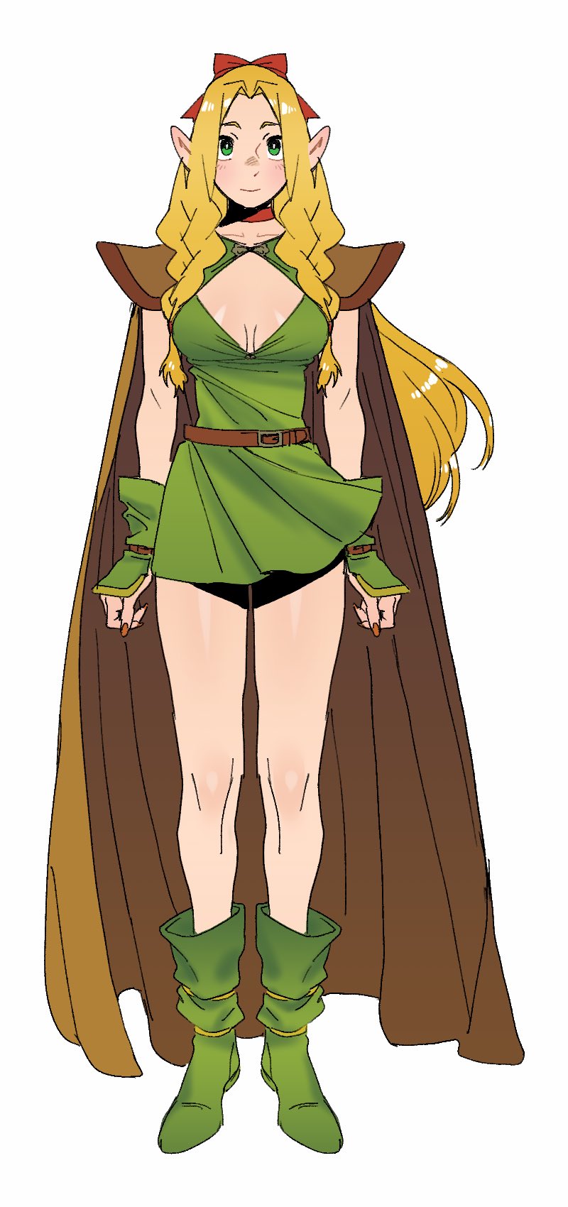 aatom87, lucia (chronicles of mystara), marcille donato, dungeon meshi, dungeons & dragons, dungeons & dragons: chronicles of mystara, highres, armor, belt, boots, braid, brown cloak, choker, cleavage cutout, cloak, clothing cutout, elf, green eyes, hair ribbon, long hair, looking at viewer, pauldrons, pointy ears, red choker, ribbon, shoulder armor, smile, tunic, twin braids, vambraces, white background