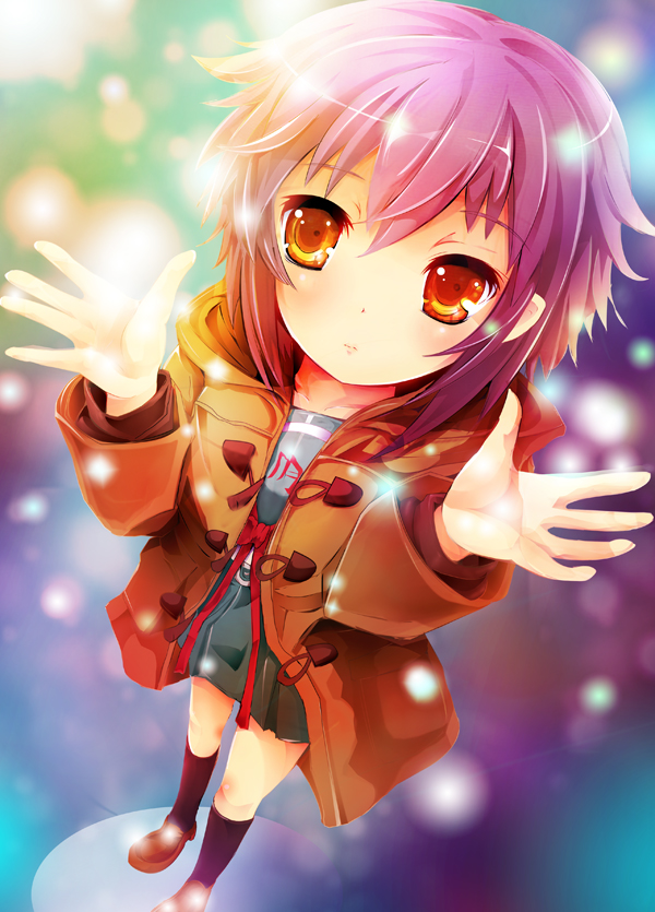 teruru, nagato yuki, suzumiya haruhi no yuuutsu, 00s, brown eyes, purple hair, school uniform, serafuku, short hair, solo