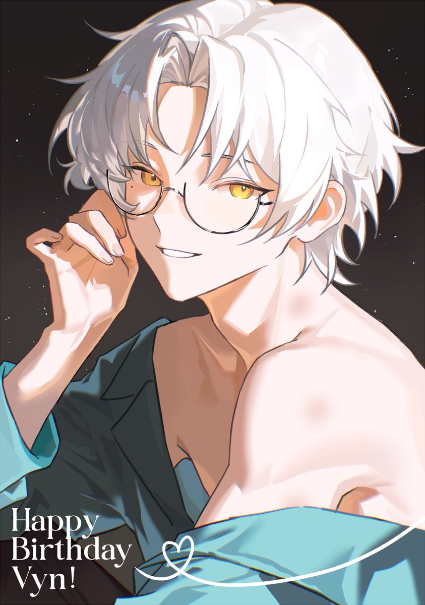 pazoinks, vyn richter (tears of themis), tears of themis, commentary, english commentary, highres, 1boy, bare shoulders, black-framed eyewear, blue shirt, character name, collared shirt, glasses, hand up, happy birthday, heart, long sleeves, looking at viewer, male focus, off shoulder, semi-rimless eyewear, shirt, smile, solo, under-rim eyewear, upper body, white hair, yellow eyes