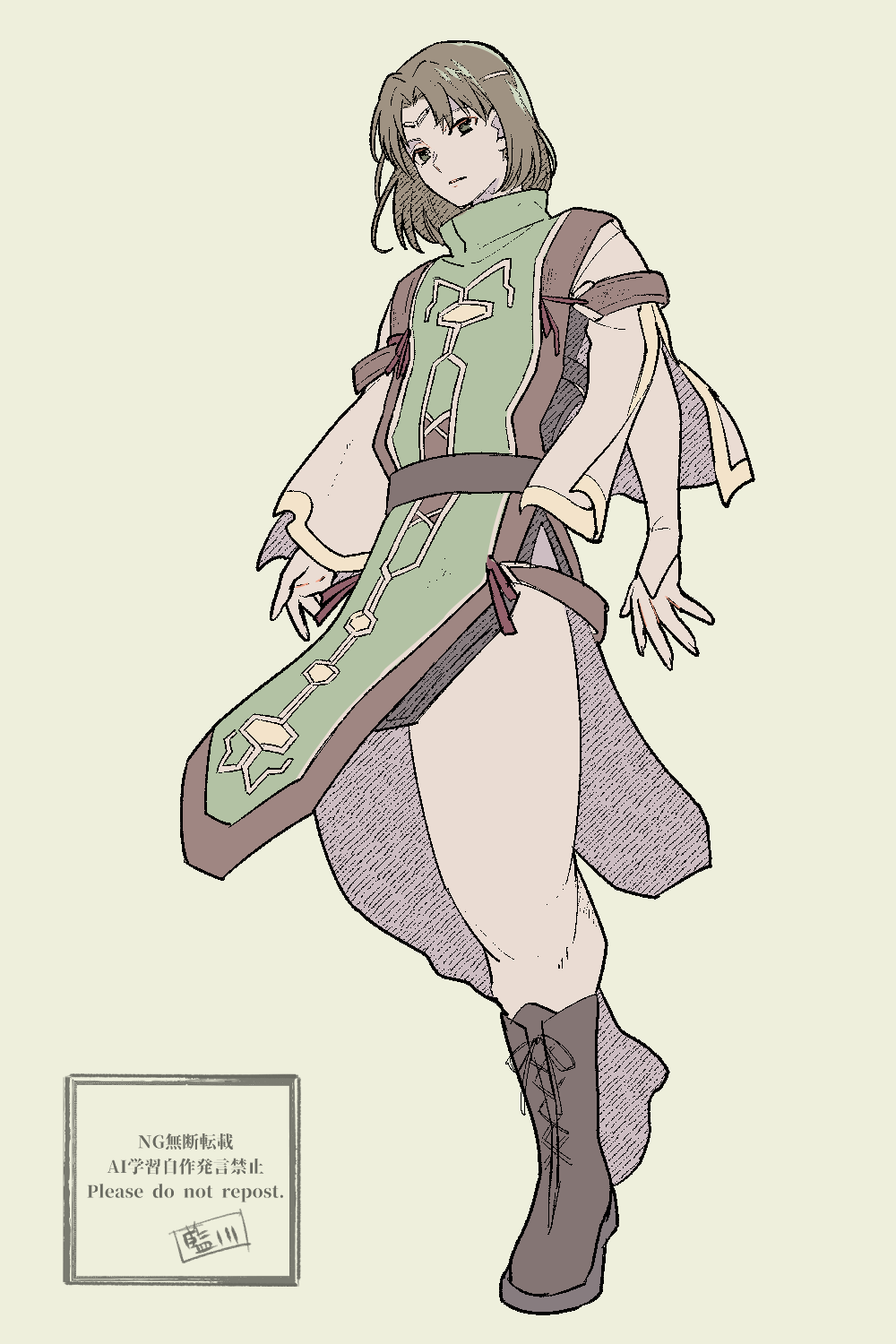 luc (suikoden), gensou suikoden, gensou suikoden ii, highres, 1boy, azumi0aikawa, belt, black belt, boots, brown boots, brown hair, circlet, closed mouth, full body, green tunic, grey background, layered sleeves, long sleeves, male focus, medium hair, pants, parted bangs, shirt, signature, solo, tunic, white pants, white shirt