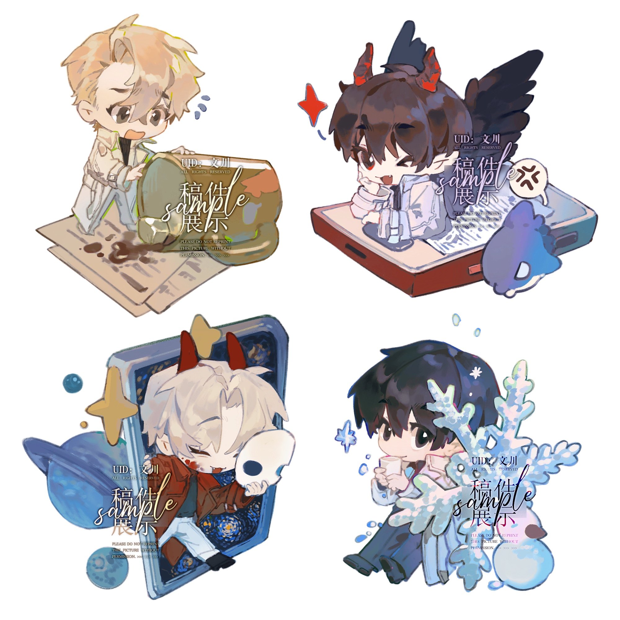 kim dokja, yoo joonghyuk, omniscient reader's viewpoint, commentary, hashtag-only commentary, highres, symbol-only commentary, 4boys, :o, ;d, anger vein, animalization, black eyes, black hair, black shirt, black wings, blonde hair, cheon inho, chibi, chibi only, closed eyes, coat, cup, curtained hair, dual persona, feathered wings, fish, food, full body, grin, hair between eyes, holding, holding cup, holding mask, hot chocolate, lee hakhyun, looking at viewer, marshmallow, mask, multiple boys, nicayuko, notice lines, ocean sunfish, official alternate costume, one eye closed, open mouth, oversized object, paper, phone, planet, red coat, shirt, short hair, smile, snowflakes, snowman, spoken anger vein, star (symbol), white coat, wings