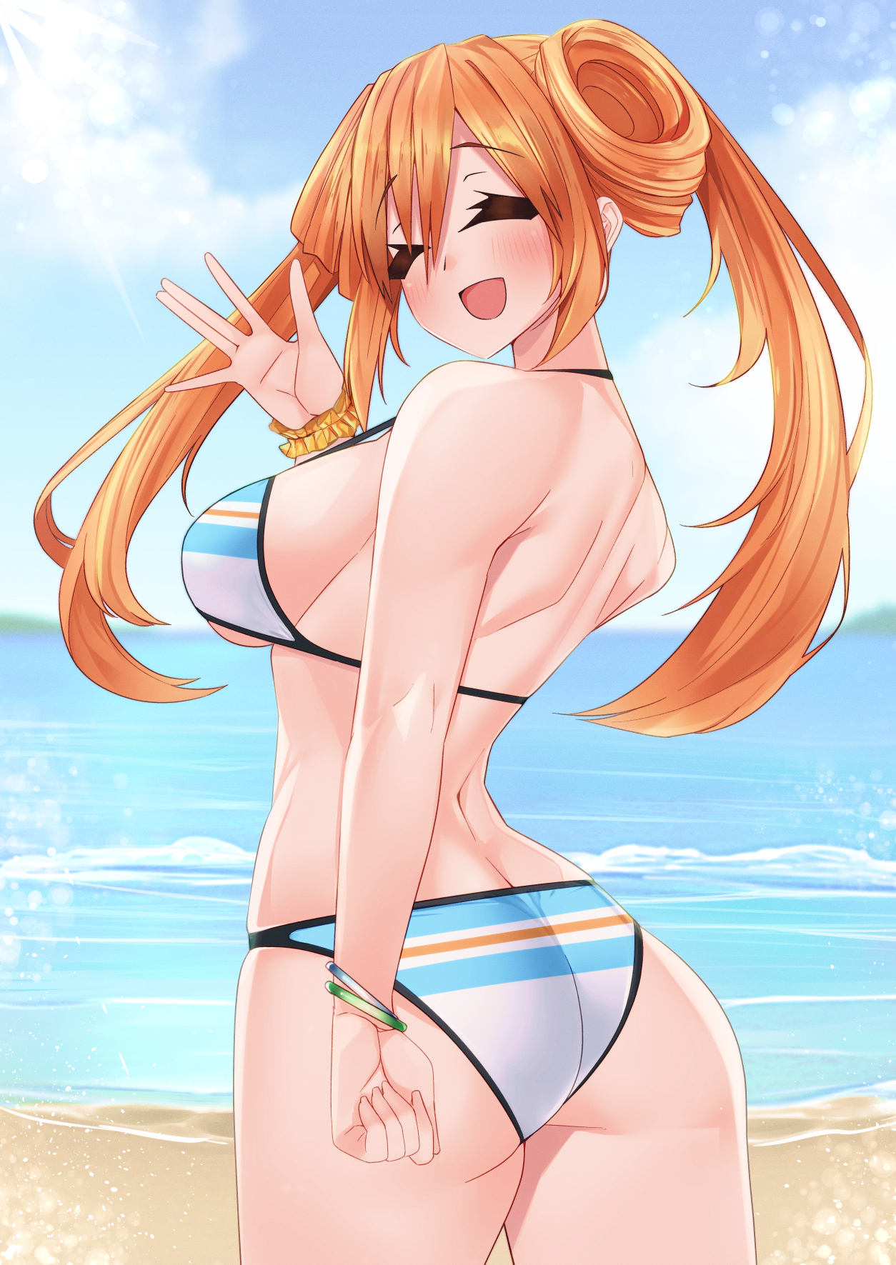 dura (dura110), orange heart (neptunia), neptune (series), highres, ass, back, back focus, beach, bikini, blush, bracelet, braid, breasts, butt crack, clenched hand, closed eyes, cloud, hair between eyes, hair rings, jewelry, large breasts, looking back, multicolored bikini, ocean, open mouth, orange hair, sand, sideboob, smile, string bikini, striped bikini, striped clothes, swimsuit, twin braids, twintails, waves, waving