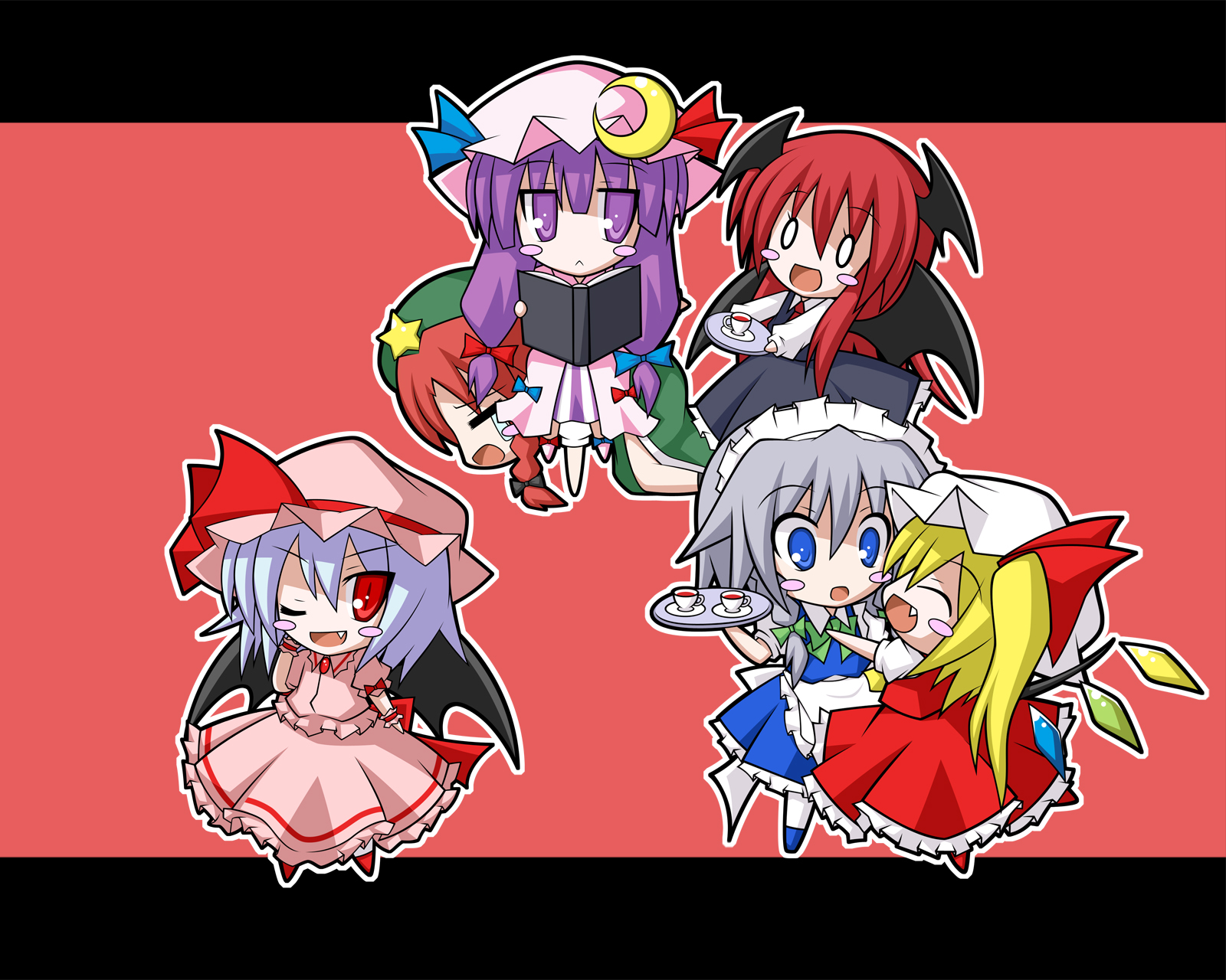komakoma (magicaltale), flandre scarlet, hong meiling, izayoi sakuya, koakuma, patchouli knowledge, remilia scarlet, embodiment of scarlet devil, touhou, bad id, bad pixiv id, highres, 6+girls, chibi, dress, female focus, hat, head wings, maid, multiple girls, skirt, wings