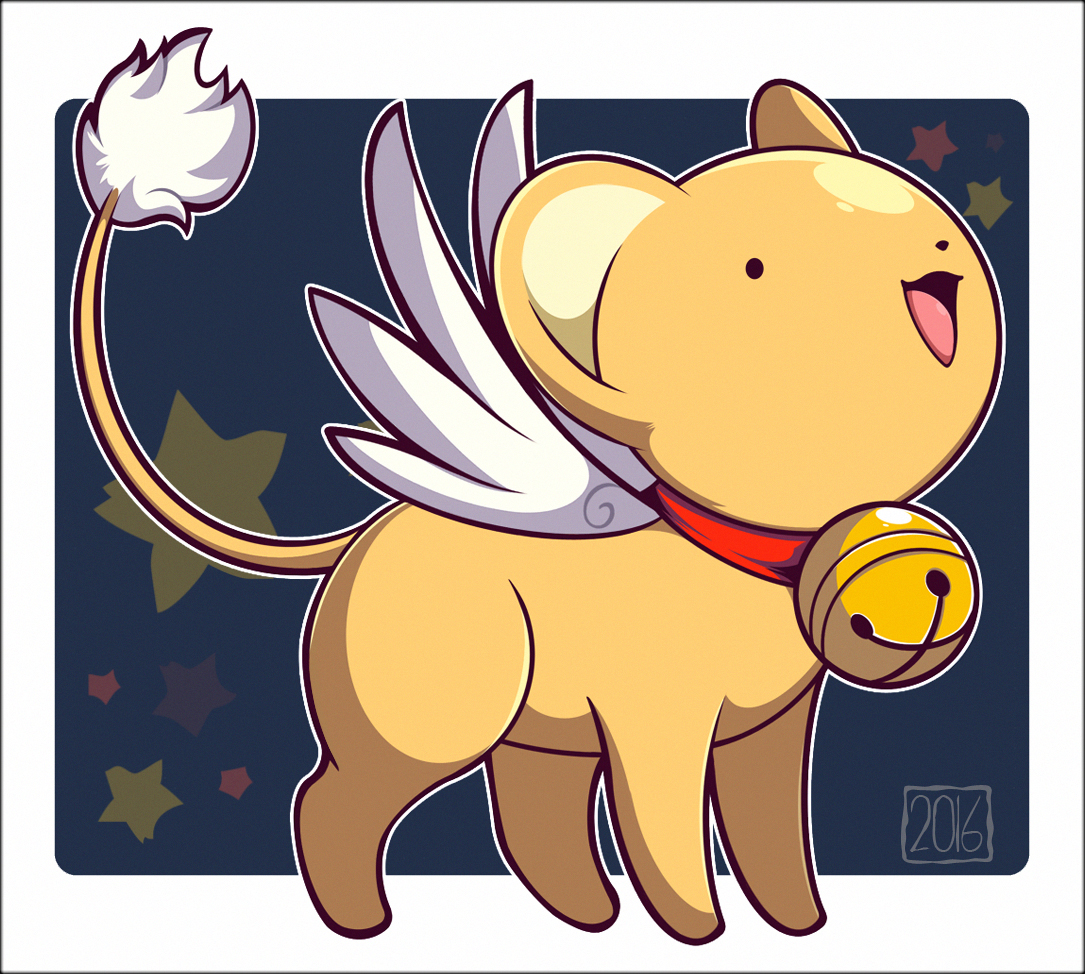woofzilla, kero (cardcaptor sakura), cardcaptor sakura, commentary, english commentary, animal focus, bell, border, full body, jingle bell, neck bell, no humans, open mouth, solid circle eyes, solo, star (symbol), white border