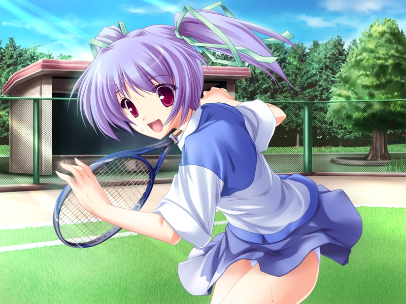 tenmaso, kouzuka minami, minami kara no tegami, game cg, 1girl, female focus, long hair, minamikara no tegami, panties, pantyshot, purple hair, racket, red eyes, solo, sportswear, sweat, tennis, tennis racket, tennis uniform, twintails, underwear