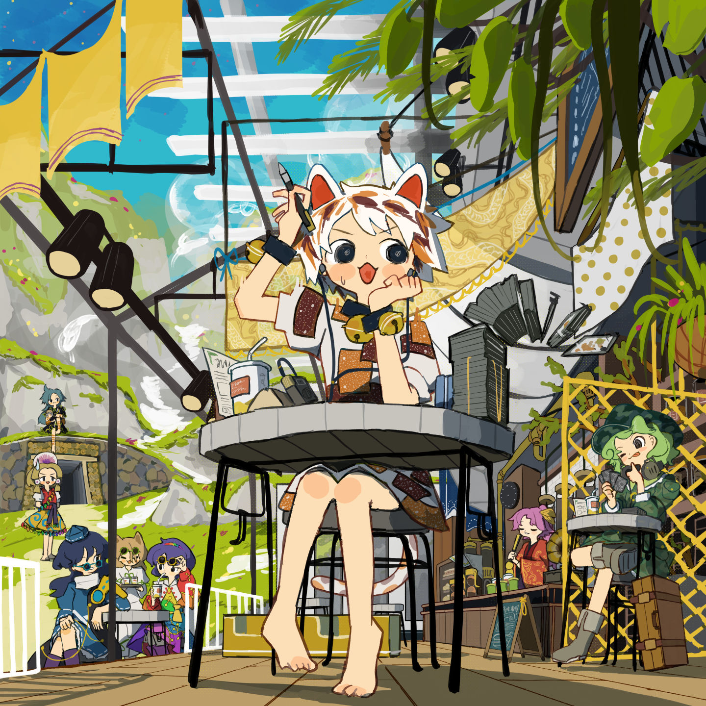 neruzou, goutokuji mike, himemushi momoyo, iizunamaru megumu, komakusa sannyo, kudamaki tsukasa, tamatsukuri misumaru, tenkyuu chimata, yamashiro takane, touhou, unconnected marketeers, commentary, commentary request, highres, partial commentary, 6+girls, ability card (touhou), animal ears, barefoot, blonde hair, blue hair, blue hat, cat ears, cat girl, chair, cup, day, disposable cup, everyone, green hair, green hat, hat, holding, holding pen, japanese clothes, kimono, long hair, looking at viewer, multicolored hair, multiple girls, open mouth, outdoors, pen, purple hair, red kimono, shirt, short hair, short sleeves, sign, sitting, smile, standing, streaked hair, suitcase, sunglasses, table, tokin hat, white shirt