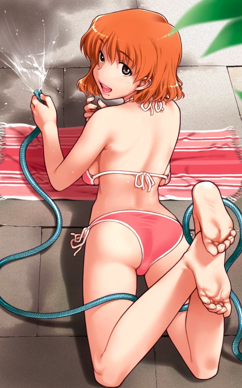 kiriyama taichi, amagi manami, sweet home, spray, highres, non-web source, 1girl, ass, backboob, barefoot, bikini, blush, breasts, concrete, feet, female focus, from above, from behind, grey eyes, hose, looking back, looking up, lying, medium breasts, mole, mole under mouth, on stomach, open mouth, orange hair, short hair, side-tie bikini bottom, smile, soles, solo, string bikini, swimsuit, the pose, toe scrunch, toes, towel, water