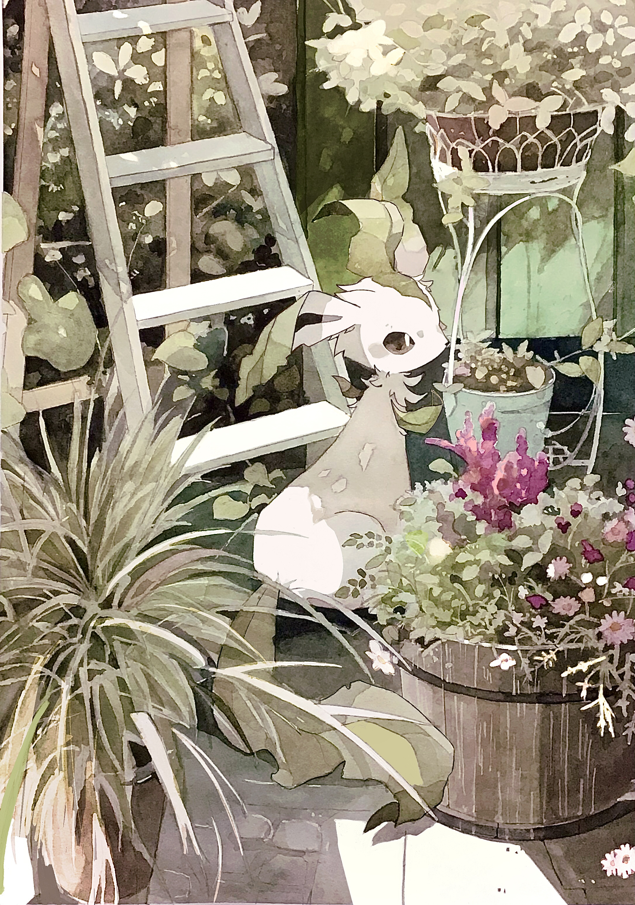 kamonabe (kamonabeekon), leafeon, nintendo, pokemon, absurdres, highres, flower, flower pot, from behind, gen 4 pokemon, green theme, ladder, leaf, looking at viewer, no humans, plant, pokemon (creature), pokemon focus, potted plant, profile, purple flower, sideways glance, sitting, solo, stepladder, table, tile floor, tiles