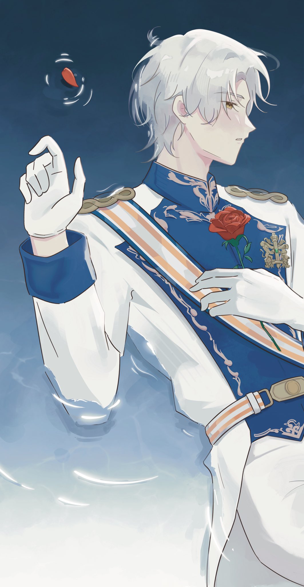 kurtniii, vyn richter (tears of themis), tears of themis, commentary request, highres, 1boy, brown eyes, flower, gloves, holding, holding flower, jacket, lying, male focus, on back, pants, parted lips, petals, petals on liquid, red flower, red rose, ripples, rose, shallow water, solo, water, white gloves, white hair, white jacket, white pants