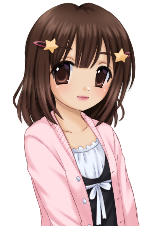 kigidere, original, commentary, english commentary, 1girl, black shirt, brown eyes, brown hair, cardigan, closed mouth, hair ornament, hairclip, looking at viewer, open cardigan, open clothes, pink cardigan, self-portrait, shirt, solo, star (symbol), star hair ornament, upper body, white background