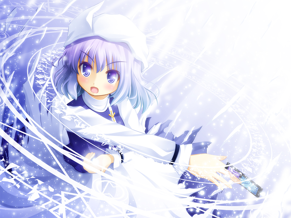 akashio (loli ace), letty whiterock, touhou, bad id, bad pixiv id, 1girl, blue eyes, blue hair, danmaku, female focus, hat, magic circle, matching hair/eyes, solo, spell card