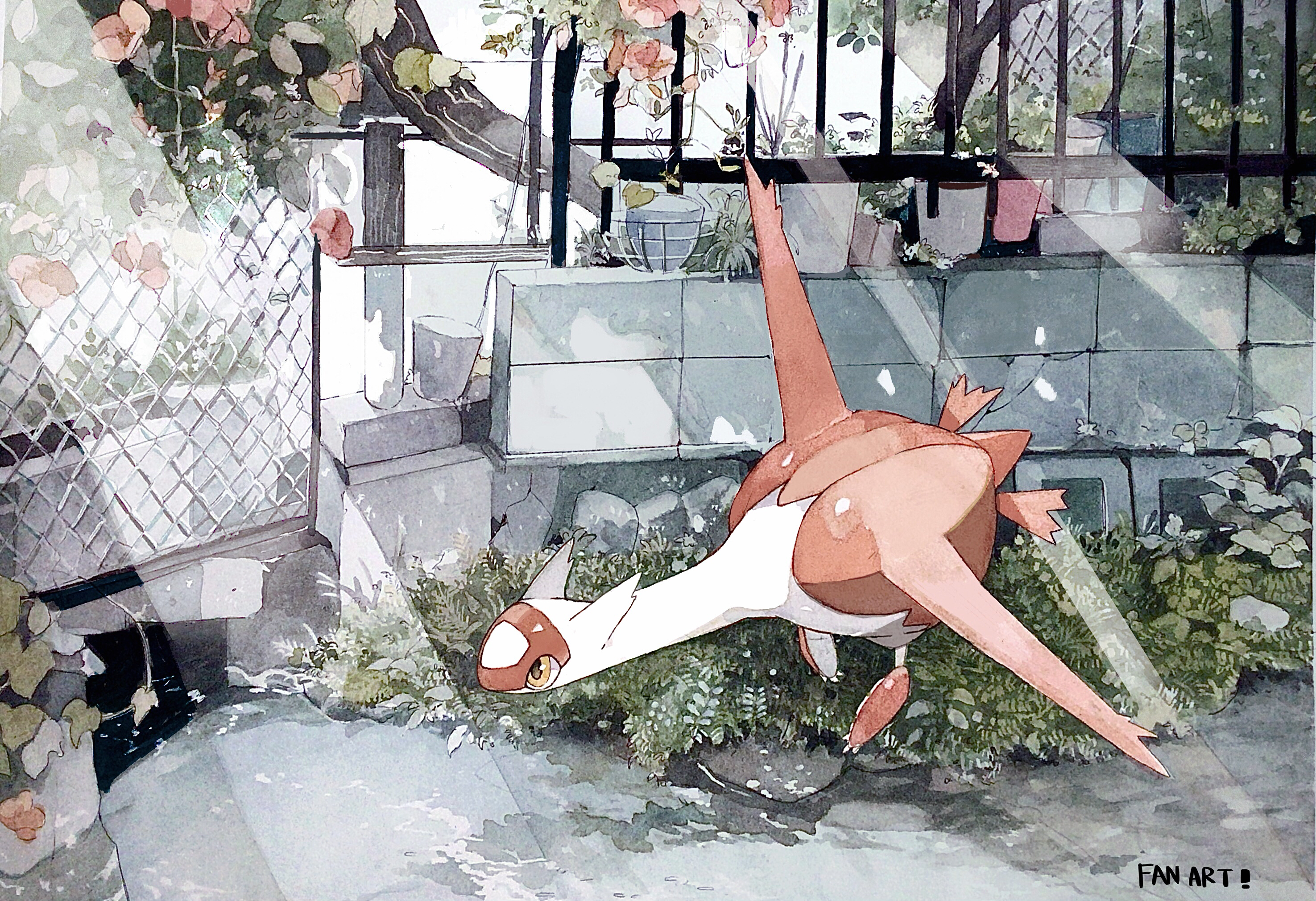 kamonabe (kamonabeekon), latias, nintendo, pokemon, commentary request, highres, chain-link fence, cup, day, fence, flower, flying, full body, gen 3 pokemon, grass, legendary pokemon, light rays, no humans, plant, pokemon (creature), pokemon focus, railing, scenery, solo, stream, sunbeam, sunlight, tree, water, yellow eyes