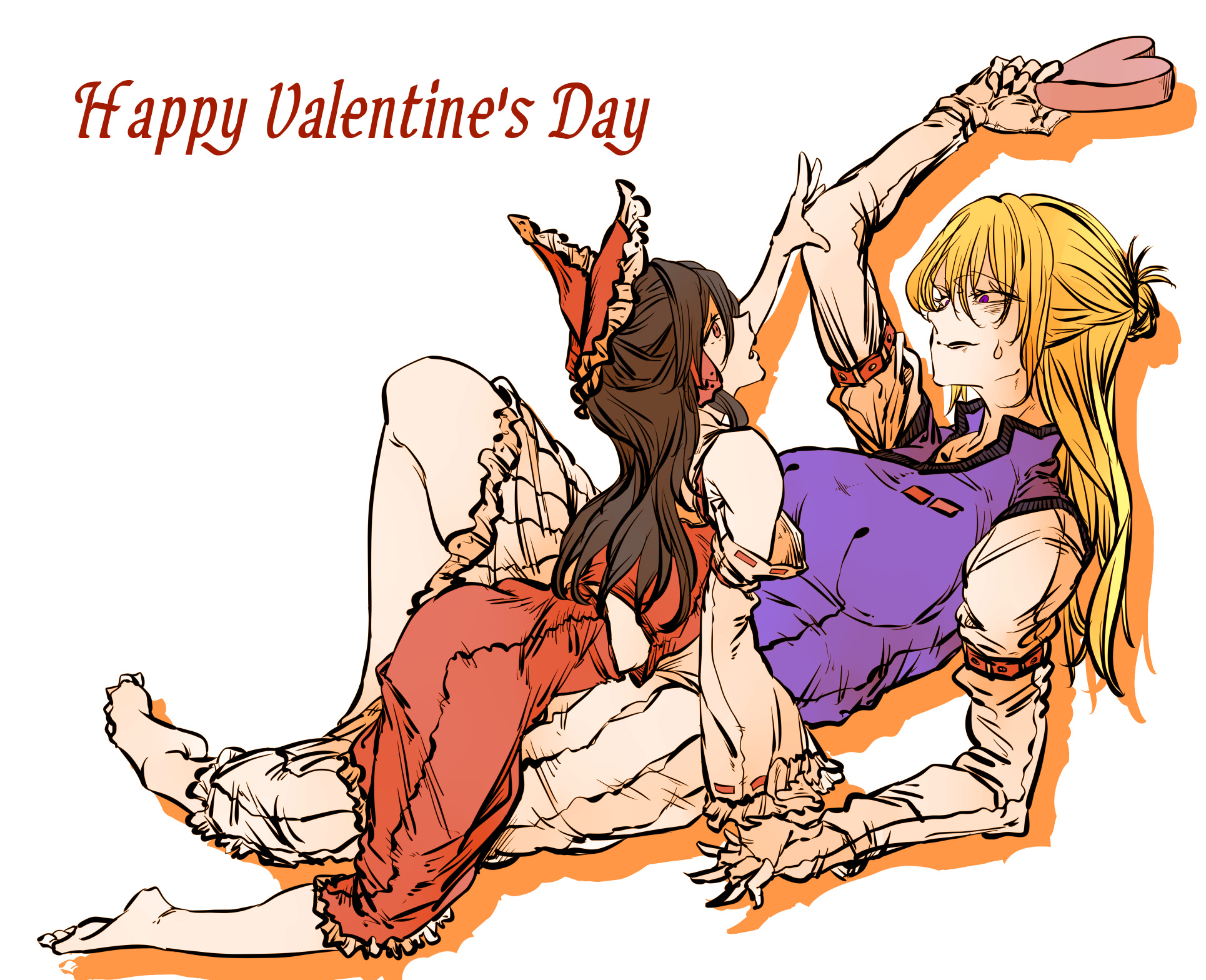 kyanduru, hakurei reimu, yakumo yukari, touhou, highres, 2girls, arm belt, bare shoulders, black hair, blonde hair, bow, box, detached sleeves, dress, frilled bow, frilled dress, frills, gift, hair between eyes, hair bow, hair tubes, half up bun, happy valentine, high heels, holding, holding box, holding gift, long hair, long sleeves, looking at another, multiple girls, parted lips, puffy sleeves, purple eyes, purple tabard, reaching, red bow, red eyes, red shirt, red skirt, shirt, simple background, size difference, skirt, sleeveless, sleeveless shirt, sweatdrop, tabard, very long hair, white background, white dress, yuri