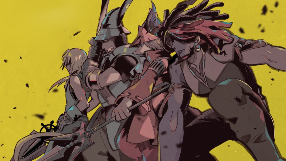 adelbert steiner, amarant coral, freya crescent, zidane tribal, final fantasy, final fantasy ix, 1girl, 3boys, arm belt, armor, armored gloves, ascot, azumi0aikawa, bare shoulders, beard, blonde hair, blue ascot, blue wrist cuffs, burmecian, clenched teeth, coat, dreadlocks, earrings, facial hair, feet out of frame, fighting stance, gloves, grey gloves, grey hair, grey pants, hair over eyes, hand on own hip, hat feather, helmet, holding, holding polearm, holding sword, holding weapon, hoop earrings, jewelry, long hair, low ponytail, mouse girl, multiple boys, pants, pauldrons, plate armor, polearm, ponytail, red coat, red hair, red helmet, shoulder armor, sword, teeth, vest, weapon, winged helmet, wrist cuffs, yellow background