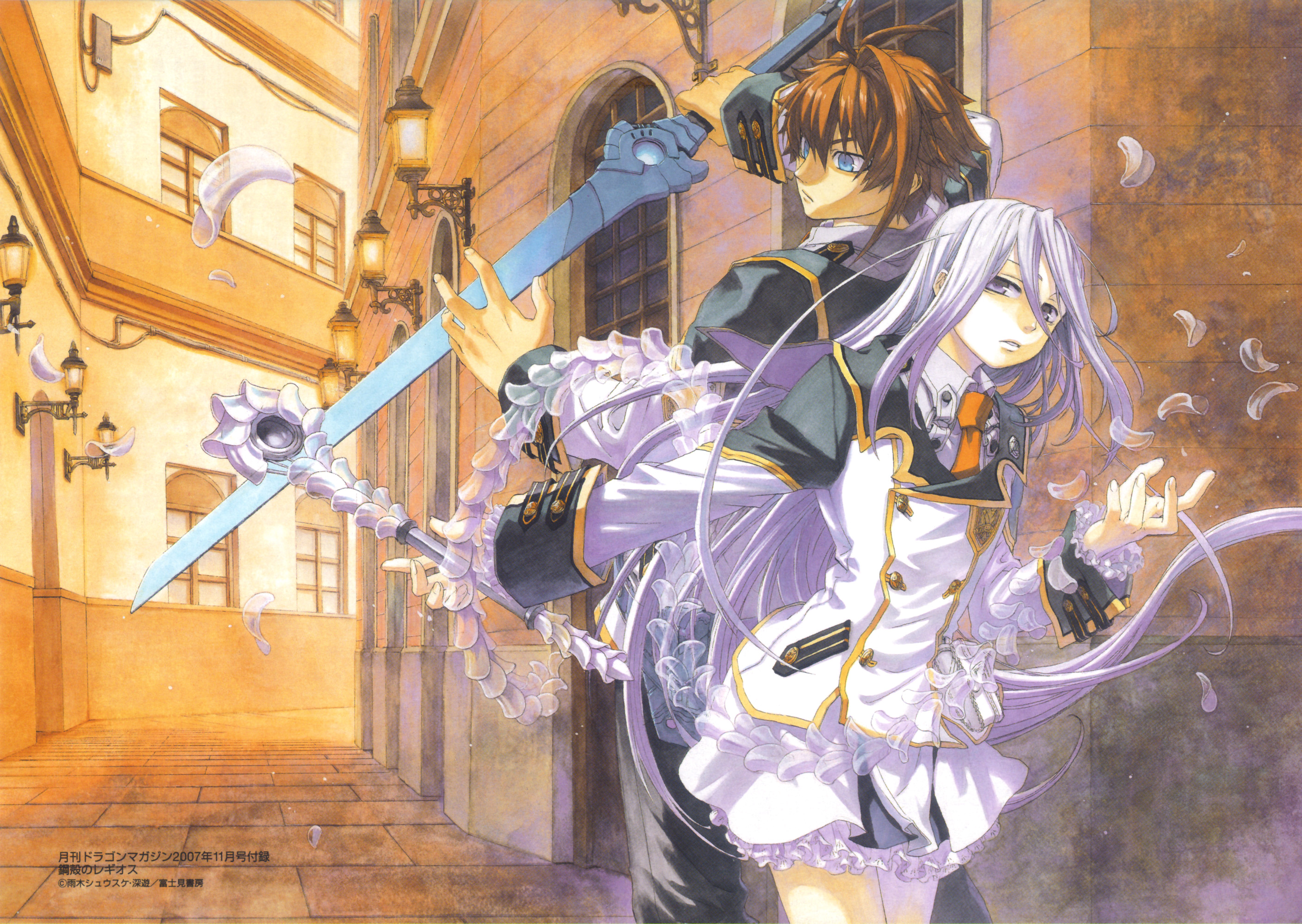 miyuu, felli loss, layfon alseif, koukaku no regios, light purple hair, uniform, highres, 1boy, 1girl, blue eyes, brown hair, frilled skirt, frills, long hair, necktie, purple eyes, road, short hair, skirt, street, sword, weapon, white hair