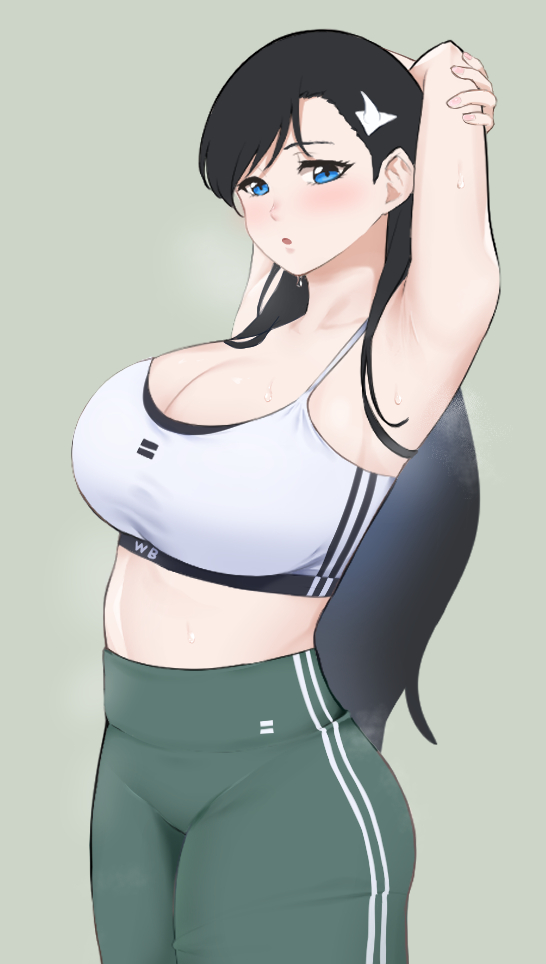 nayutayutautau, niihashi noel, burn the witch, commentary request, 1girl, armpits, arms up, black hair, blue eyes, breasts, cleavage, green pants, hair behind ear, high-waist pants, huge breasts, long hair, midriff, pants, solo, sports bra, stretching, sweat, very long hair, white sports bra