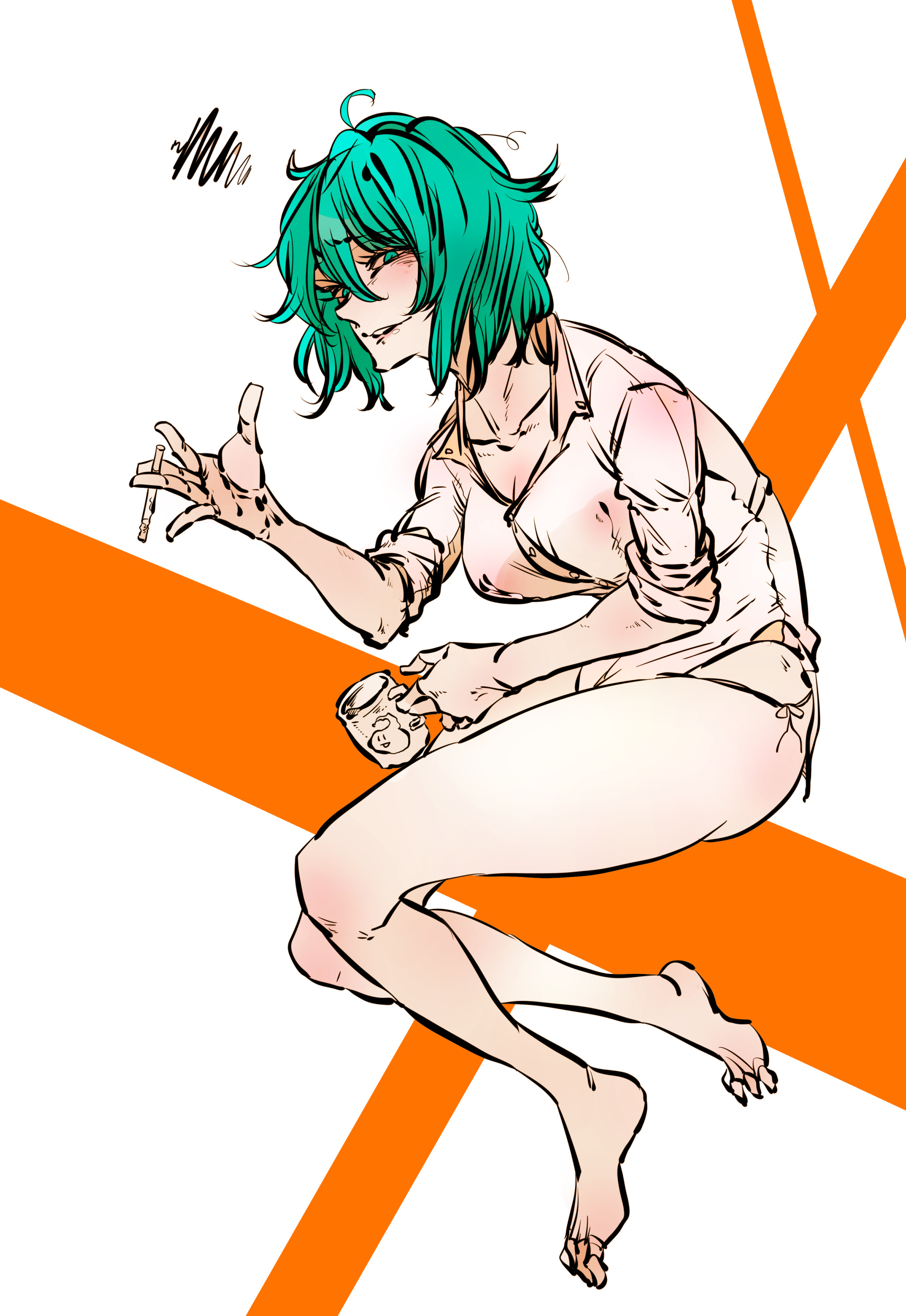 kyanduru, kazami yuuka, touhou, absurdres, highres, ahoge, barefoot, breasts, cigarette, cleavage, collared shirt, cup, green eyes, green hair, holding, holding cup, looking at viewer, medium breasts, mug, panties, parted lips, shirt, short hair, sleeves rolled up, smile, squiggle, thighs, underwear, white shirt