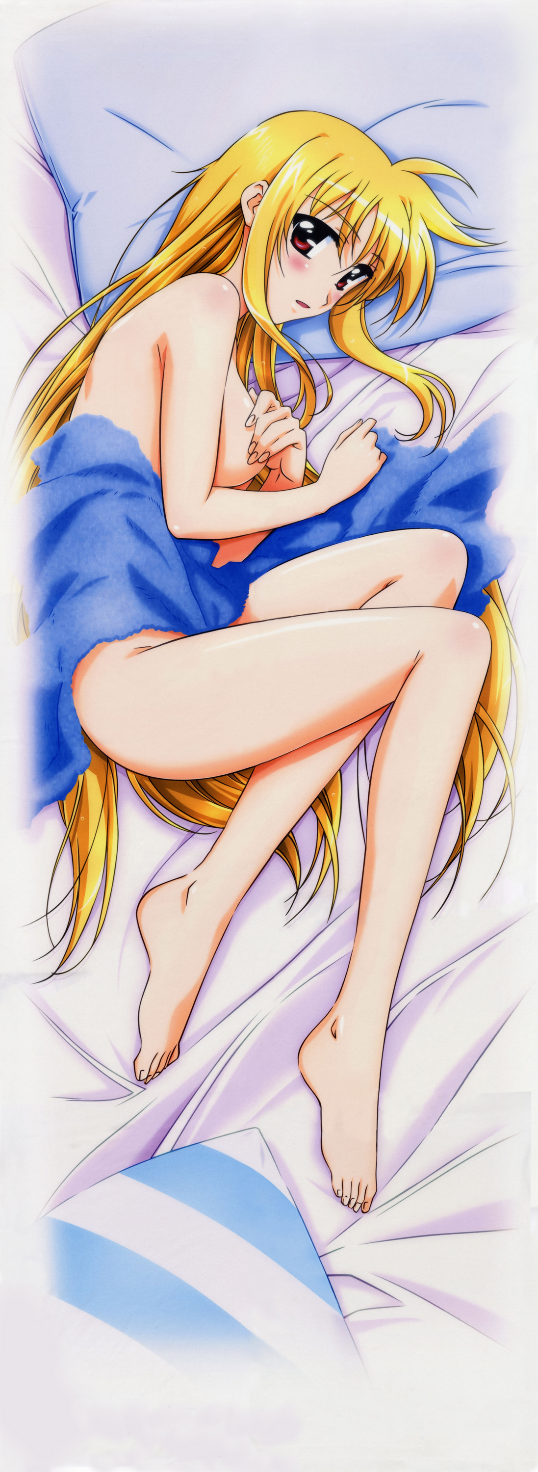 okuda yasuhiro, fate testarossa, lyrical nanoha, mahou shoujo lyrical nanoha, mahou shoujo lyrical nanoha strikers, absurdres, highres, md5 mismatch, resized, resolution mismatch, 00s, 1girl, barefoot, blonde hair, blush, breasts, covering nipples, covering privates, dakimakura (medium), feet, female focus, full body, long hair, medium breasts, nude, open mouth, red eyes, sidelocks, solo, towel, very long hair
