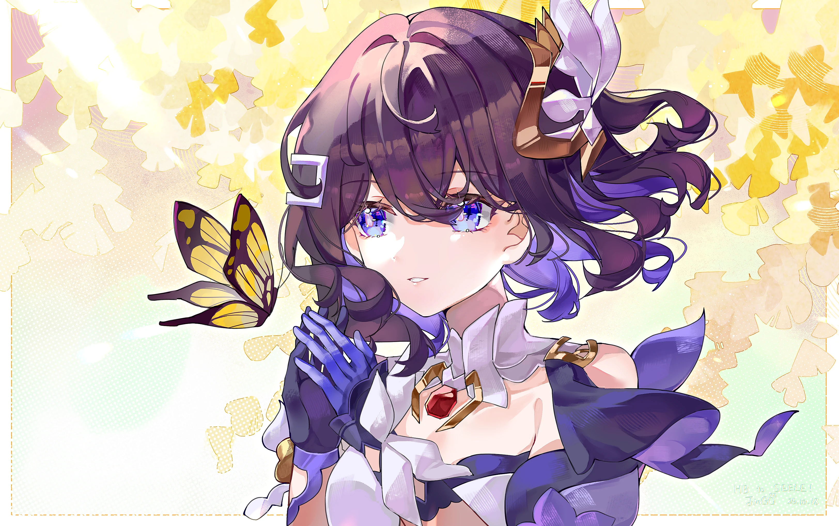zhui ming jin ge, seele vollerei, honkai (series), honkai impact 3rd, absurdres, highres, 1girl, bare shoulders, black hair, blue eyes, blue gloves, blue hair, breasts, bug, butterfly, dress, gloves, hair ornament, insect, multicolored hair, short hair, solo, two-tone hair, upper body, white dress