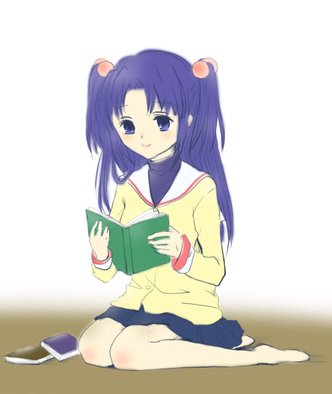kamiomiso, ichinose kotomi, clannad, bad id, bad pixiv id, 00s, 1girl, barefoot, blue eyes, blue hair, book, female focus, hair bobbles, hair ornament, long hair, matching hair/eyes, school uniform, solo, twintails, two side up