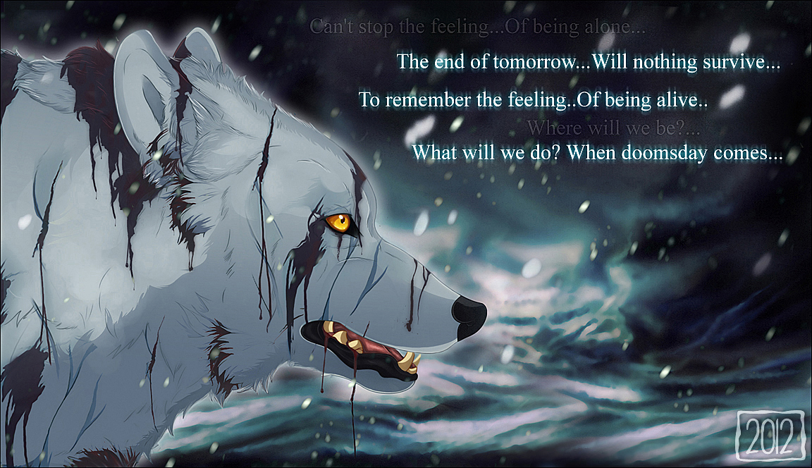 woofzilla, kiba, wolf's rain, commentary, english commentary, animal, animal focus, blood, blood from mouth, blood on face, dated, english text, looking ahead, no humans, open mouth, outdoors, sharp teeth, snowing, solo, teeth, wolf, yellow eyes