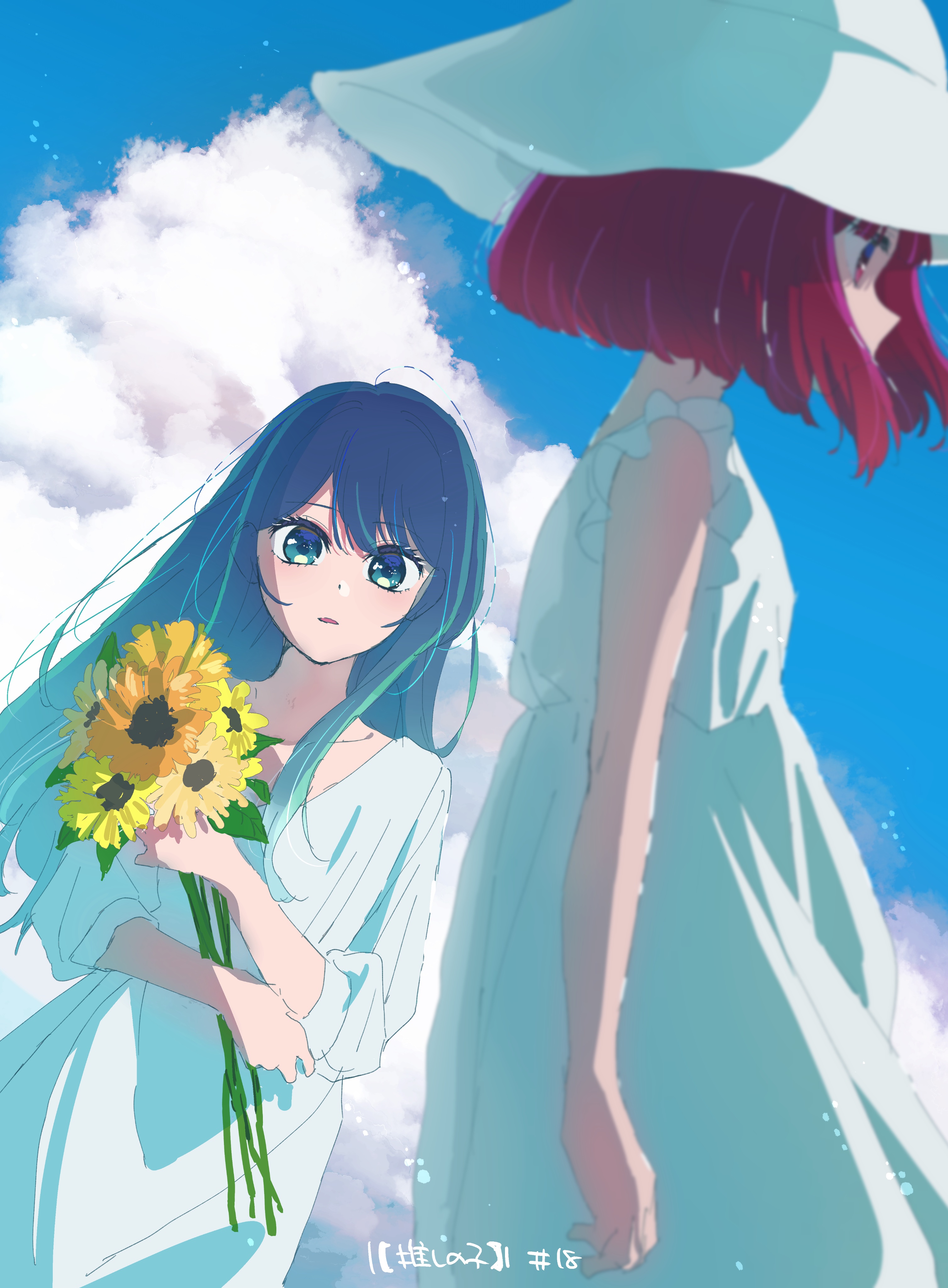 yokoyama honoka, arima kana, kurokawa akane, oshi no ko, absurdres, highres, 2girls, blue eyes, blue hair, blurry, cloud, copyright name, covered mouth, depth of field, dress, episode number, floating hair, flower, from side, hat, holding, holding flower, long hair, looking at another, multiple girls, parted lips, profile, red hair, short hair, sky, sun hat, sundress, white dress