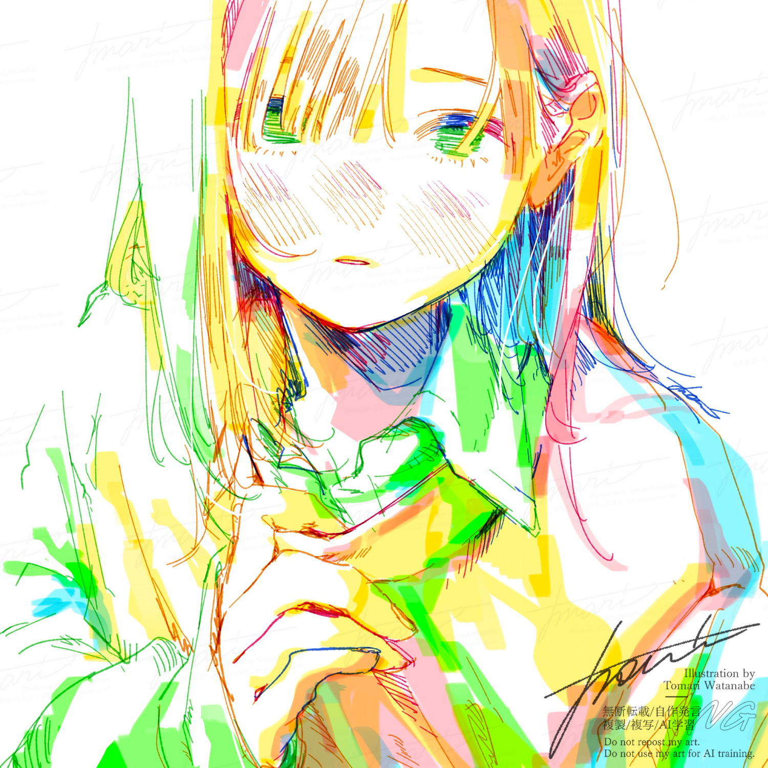watanabe tomari, original, highres, procreate (medium), 1girl, artist name, blush, collared shirt, colorful, hand up, hatching (texture), long hair, long sleeves, looking at viewer, shirt, signature, simple background, solo, sweater, upper body, watermark