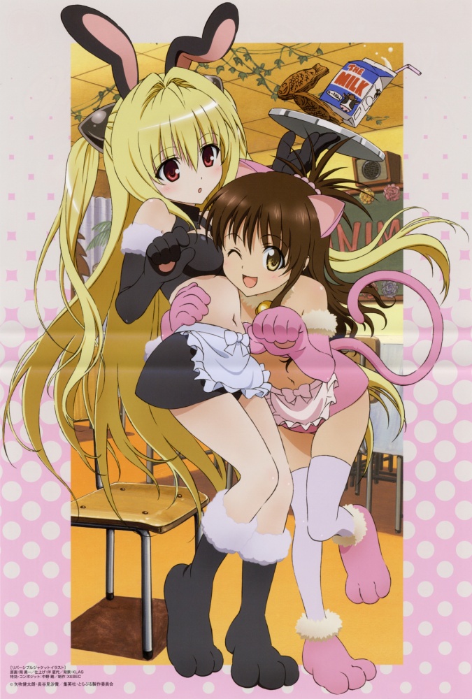 konjiki no yami, yuuki mikan, to love-ru, scan, scan artifacts, animal ears, blonde hair, brown eyes, brown hair, cat ears, cat tail, elbow gloves, food, gloves, long hair, milk, milk carton, rabbit ears, red eyes, tail, taiyaki, thighhighs, tray, twintails, wagashi, waitress, wink